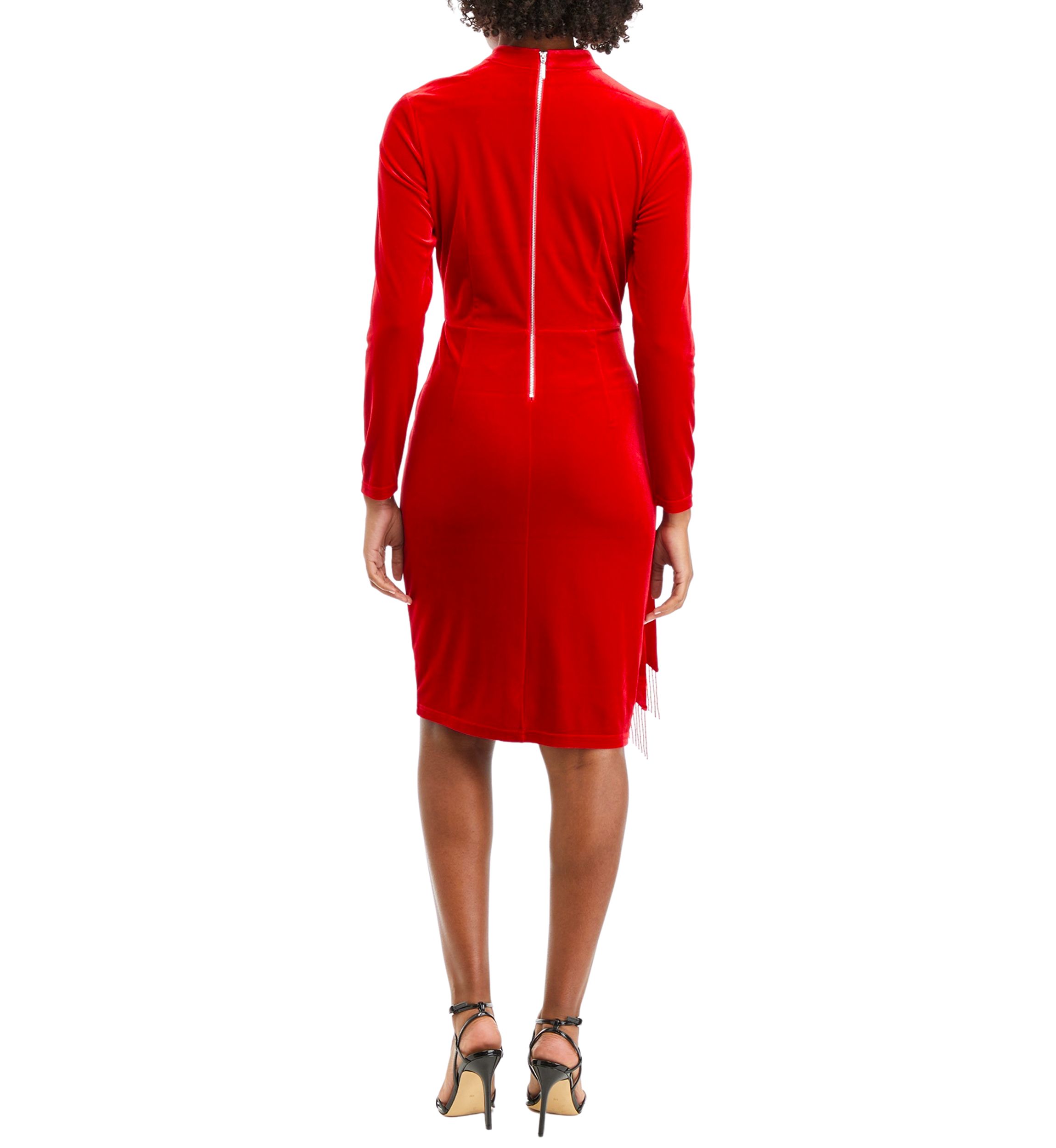 Womens Long Sleeve Mock Neck Fringe Sheath Dress