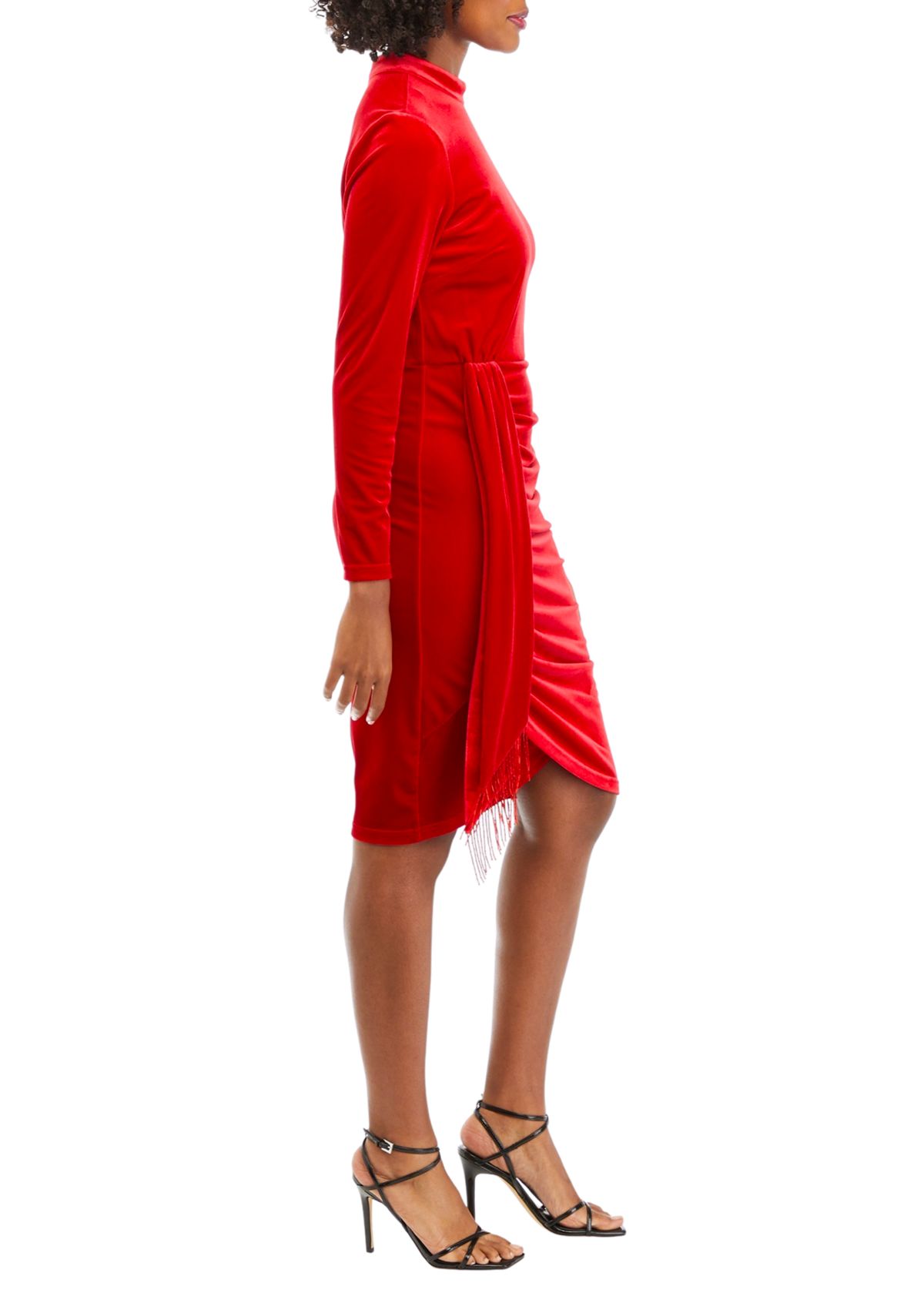 Womens Long Sleeve Mock Neck Fringe Sheath Dress