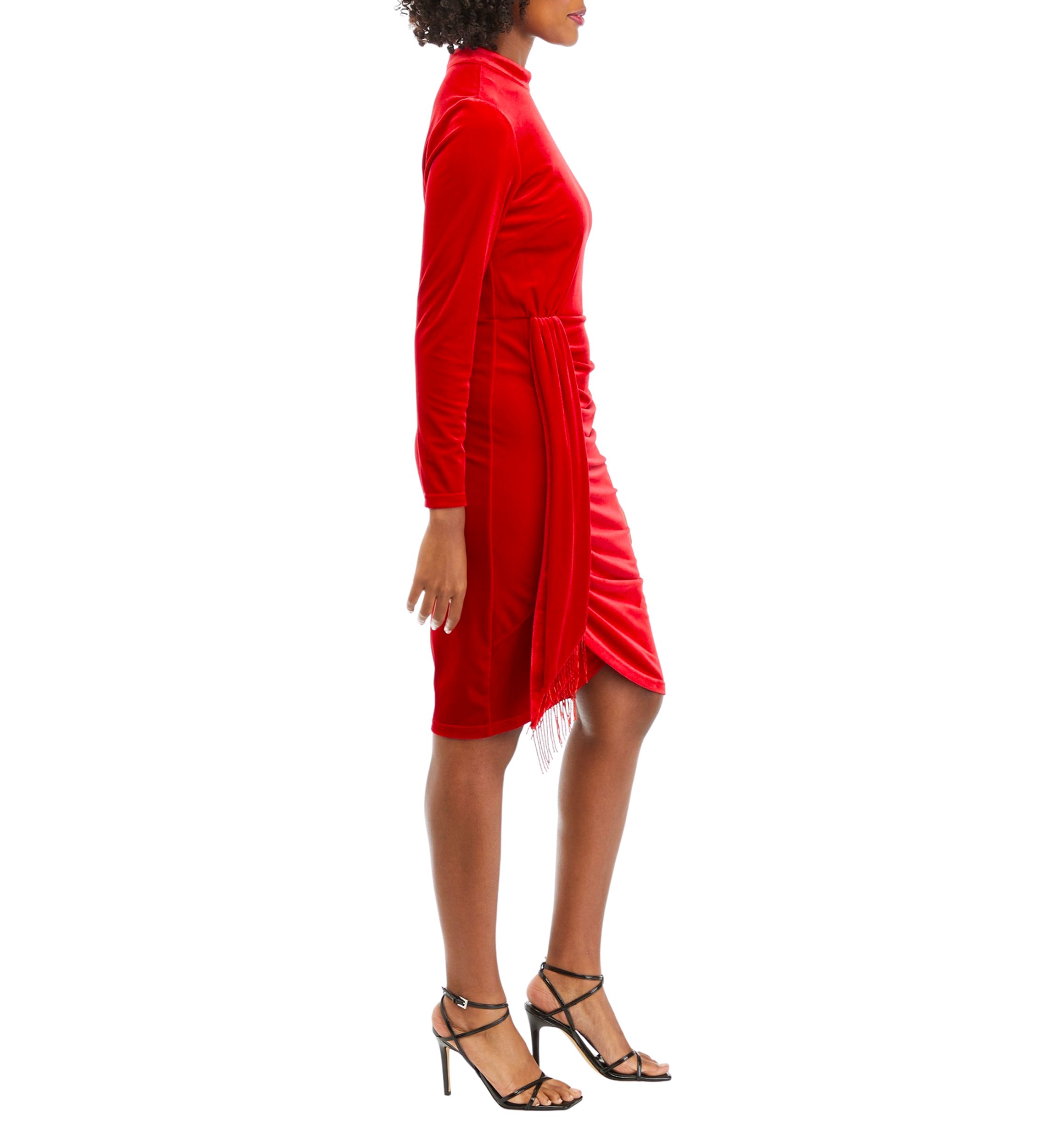 Womens Long Sleeve Mock Neck Fringe Sheath Dress