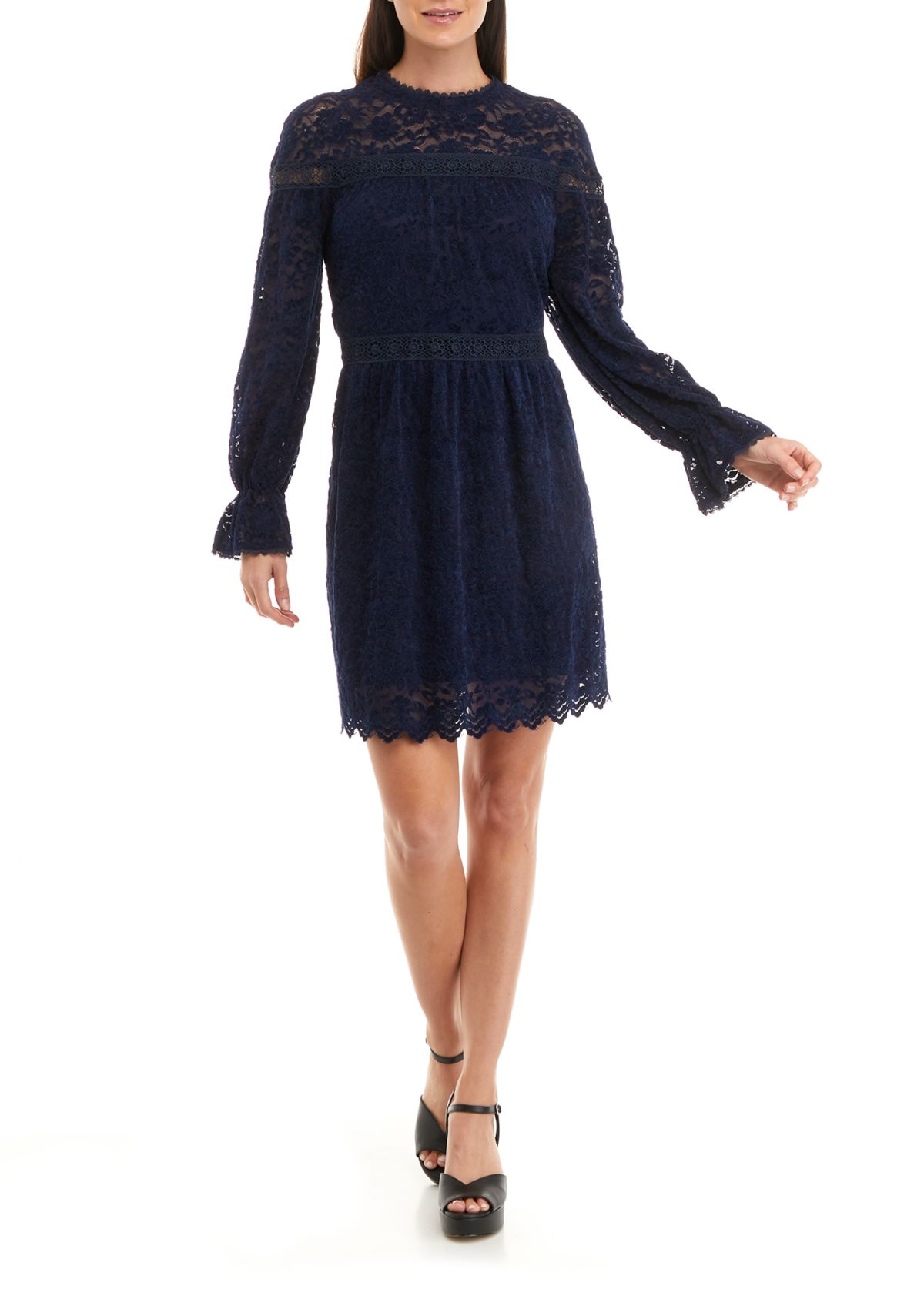 Womens Blouson Sleeve Mock Neck Lace Overlay Dress