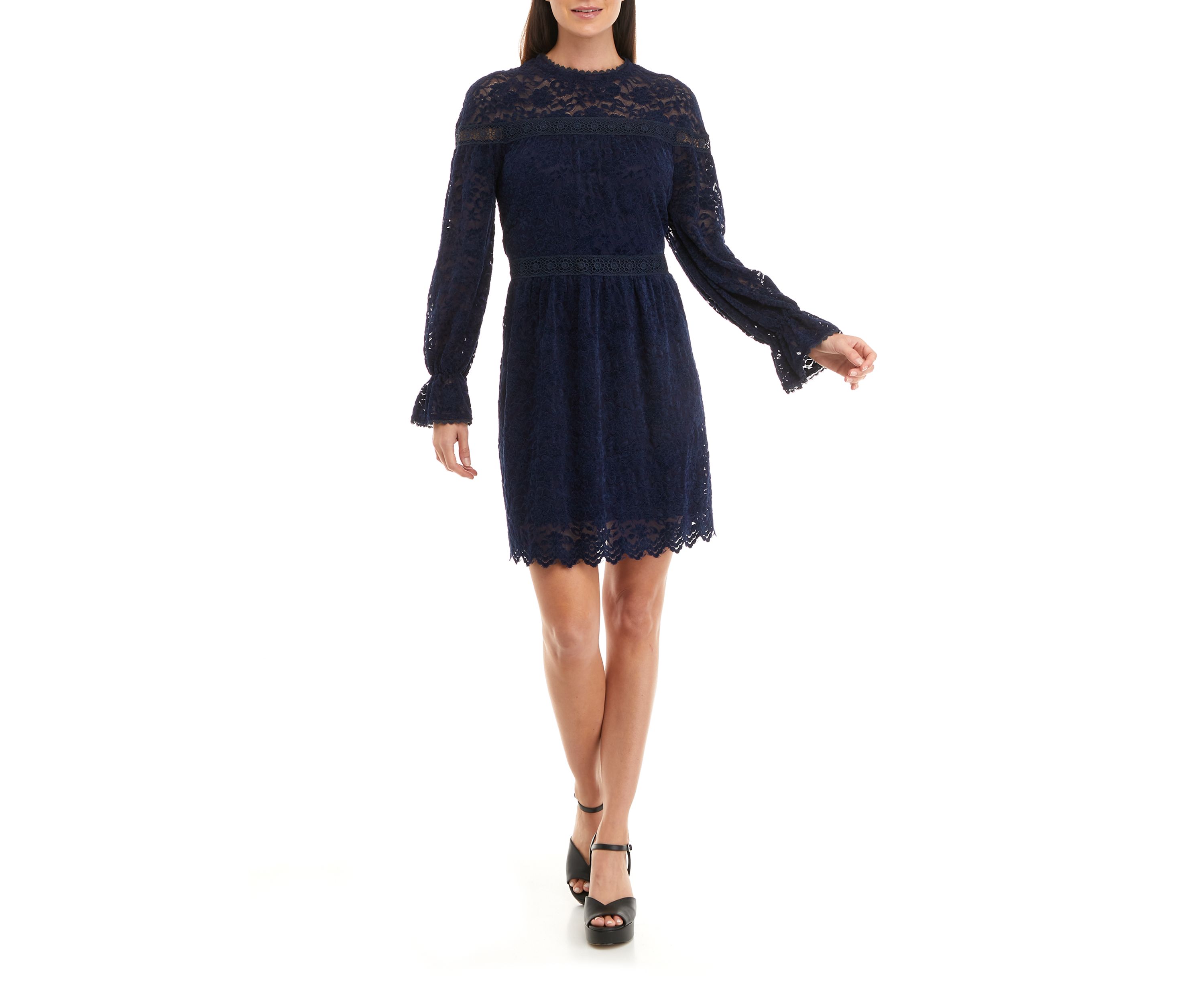 Womens Blouson Sleeve Mock Neck Lace Overlay Dress