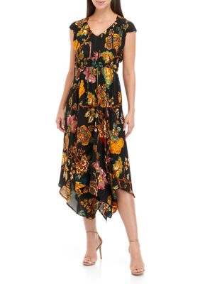 Tahari Women's Short Sleeve Tie Neck Handkerchief Hem Floral Print Midi ...