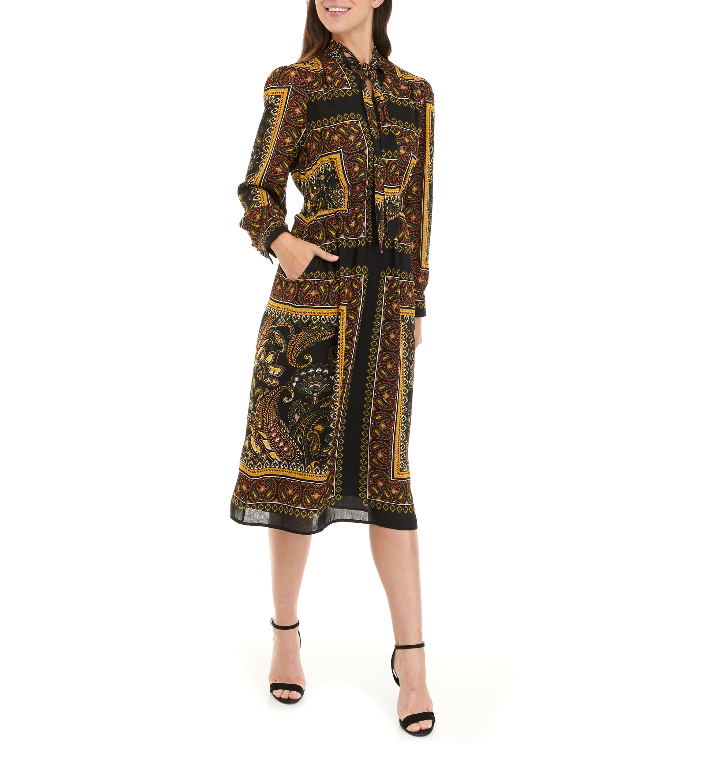 Womens Long Sleeve Tie Neck Printed Midi Dress