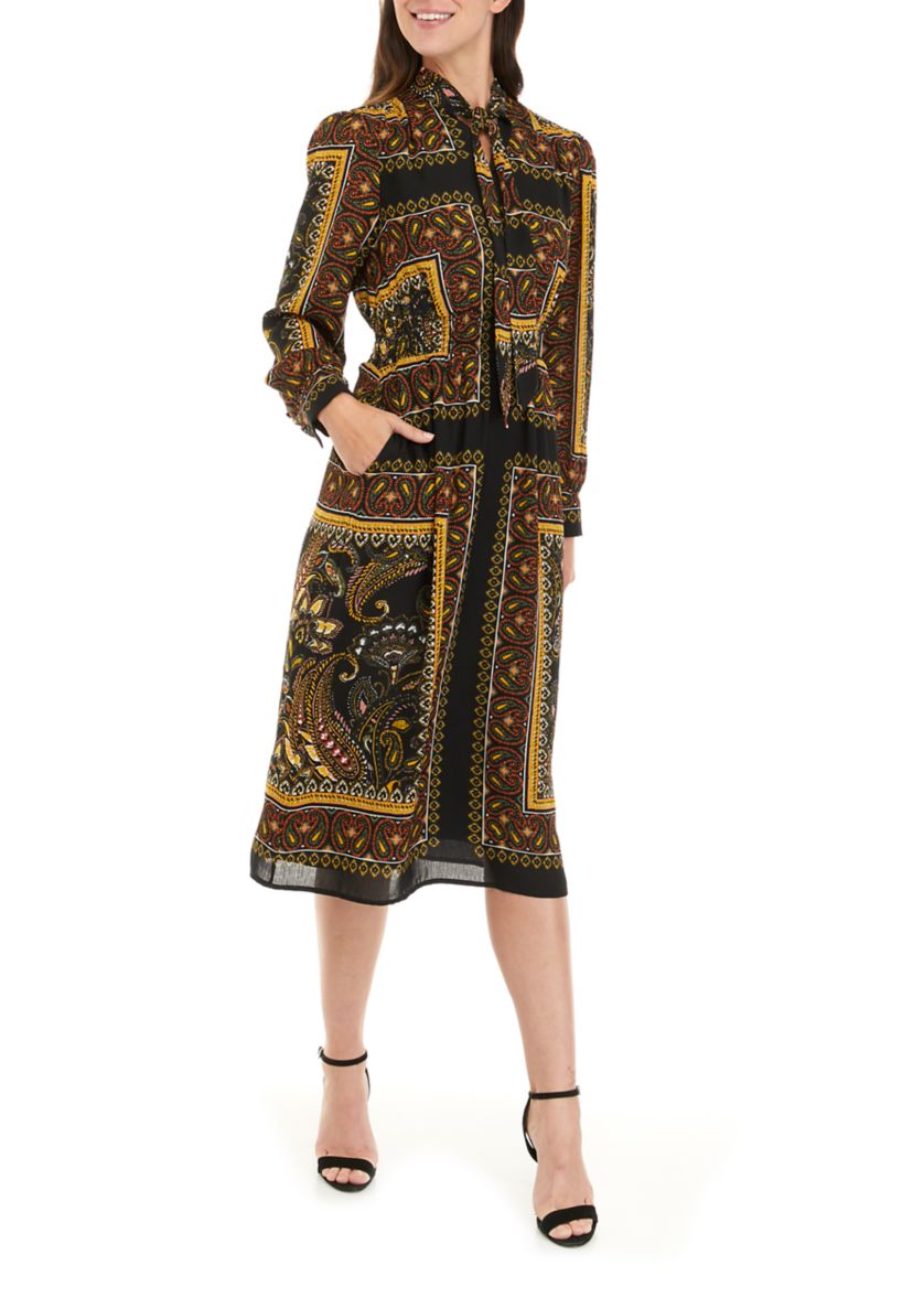Womens Long Sleeve Tie Neck Printed Midi Dress