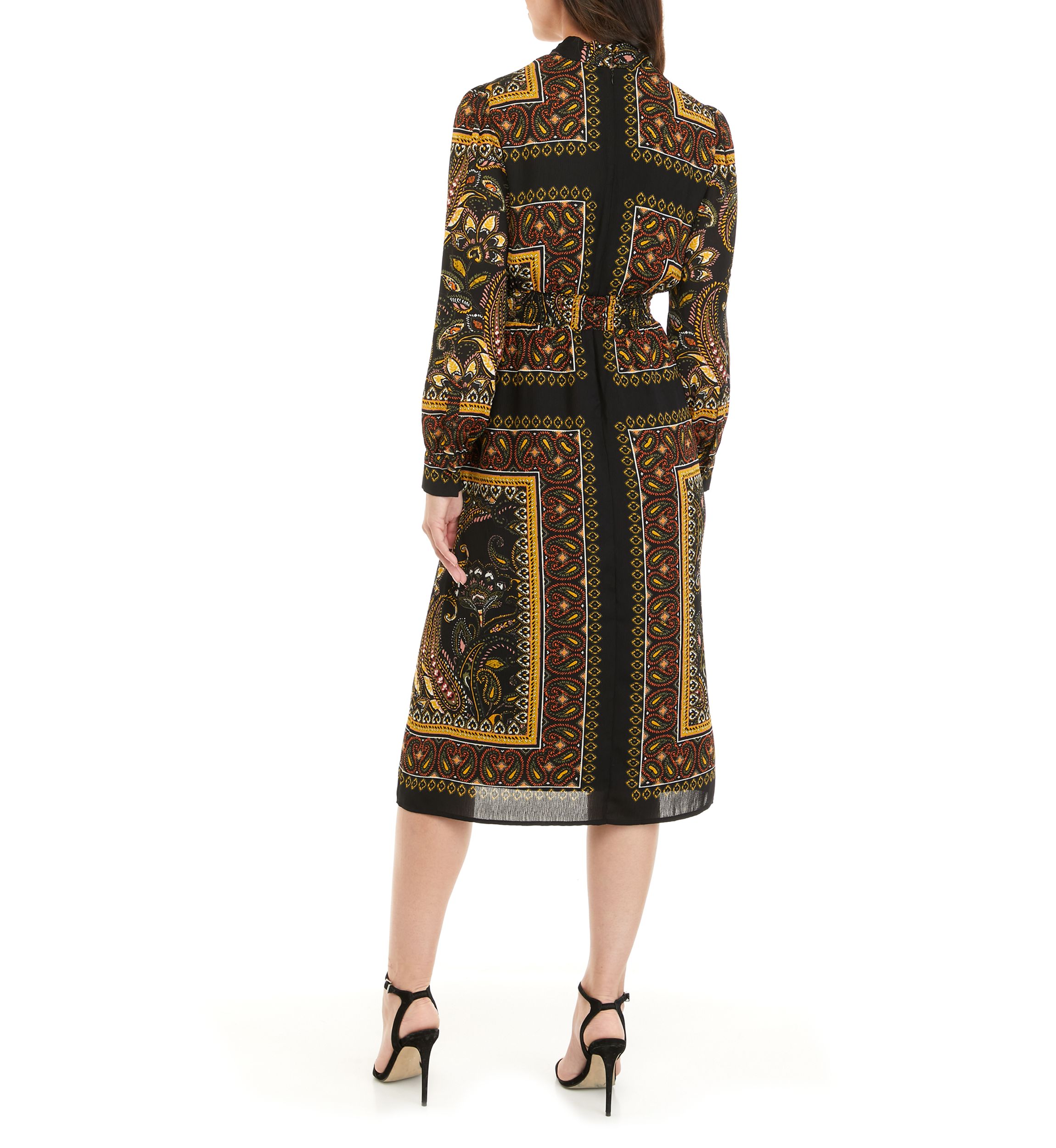 Womens Long Sleeve Tie Neck Printed Midi Dress