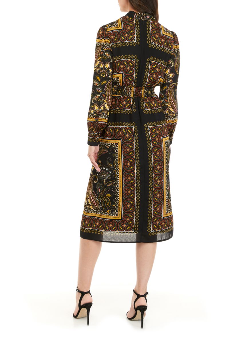 Womens Long Sleeve Tie Neck Printed Midi Dress