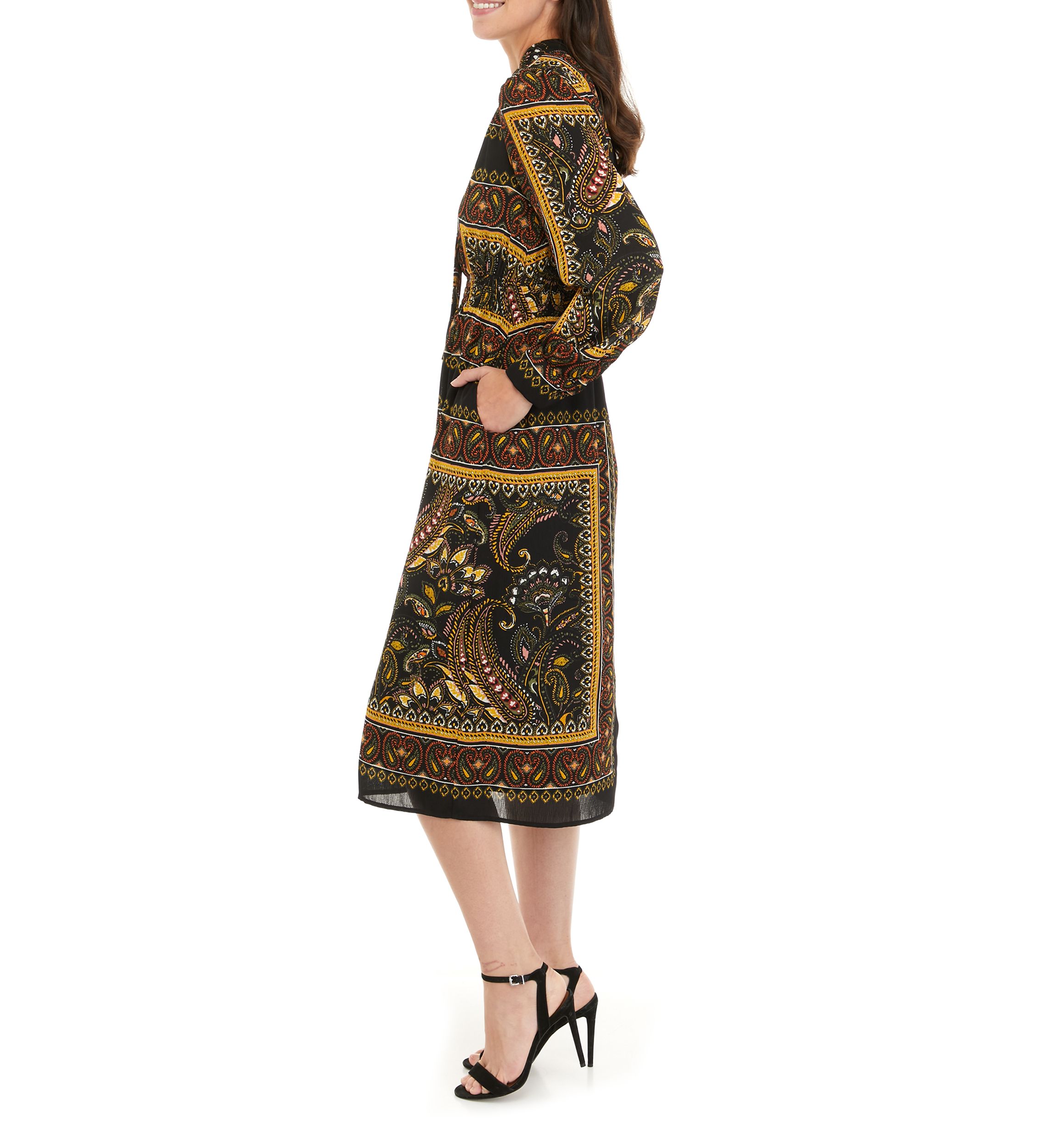 Womens Long Sleeve Tie Neck Printed Midi Dress