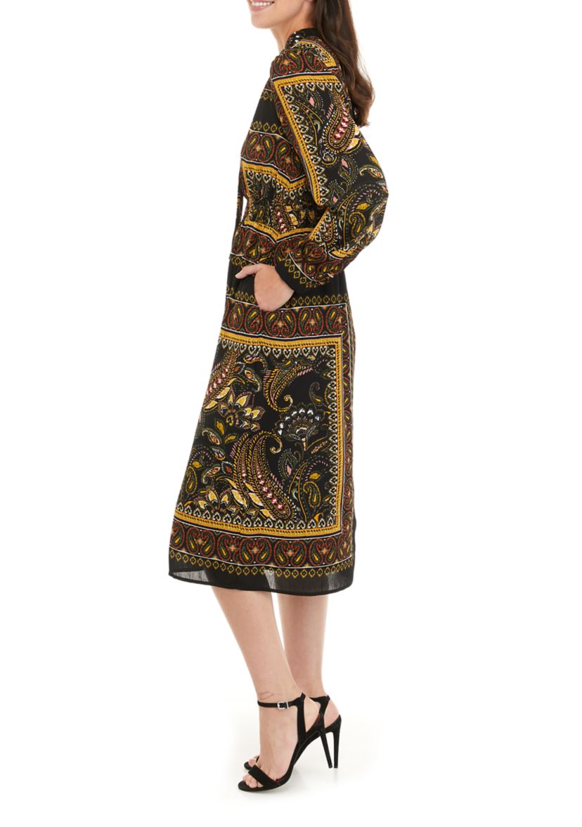 Womens Long Sleeve Tie Neck Printed Midi Dress