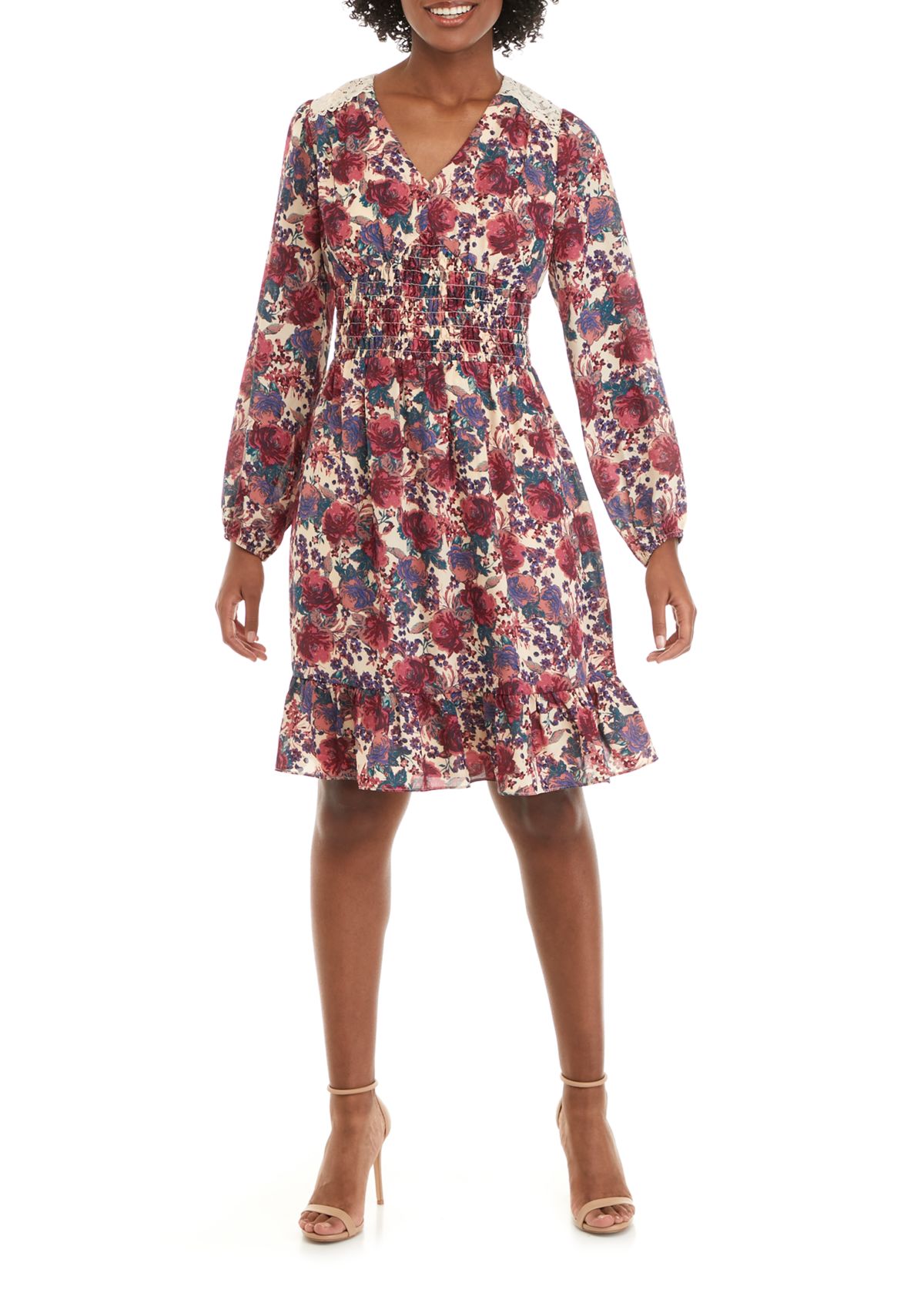 Womens Puff Sleeve Floral Dress