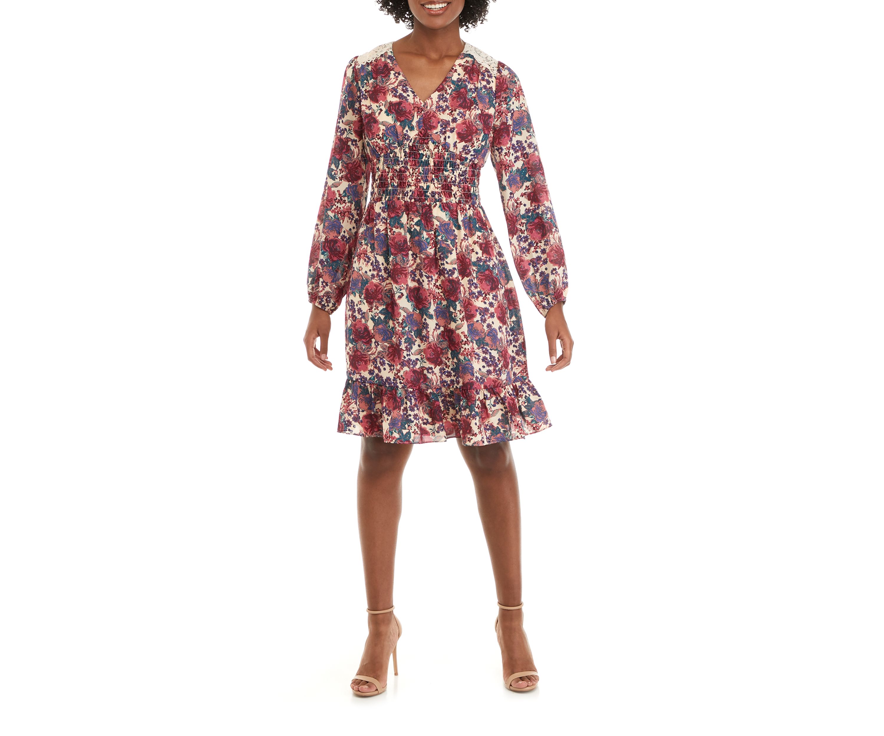 Womens Puff Sleeve Floral Dress