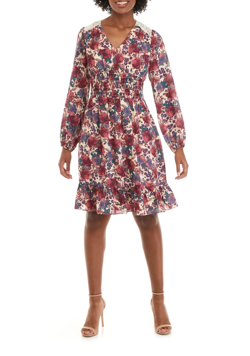 Womens Puff Sleeve Floral Dress