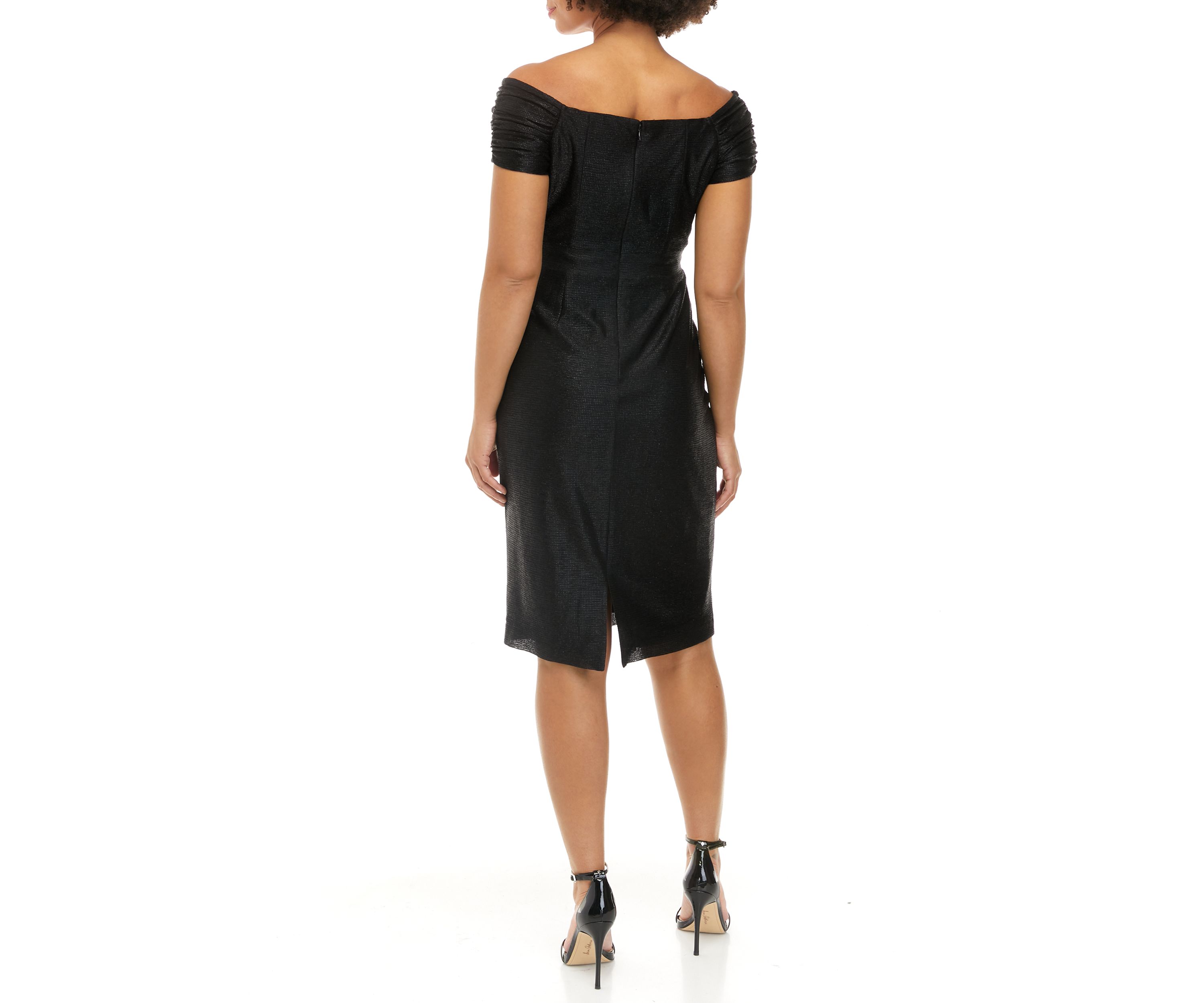 Womens Off the Shoulder Solid Glitter Fit and Flare Dress