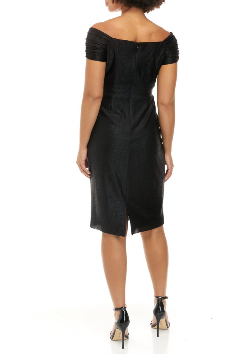 Womens Off the Shoulder Solid Glitter Fit and Flare Dress