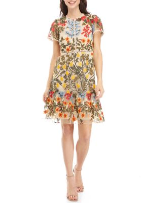 Tahari Women's Cap Sleeve Floral Embroidered Dress