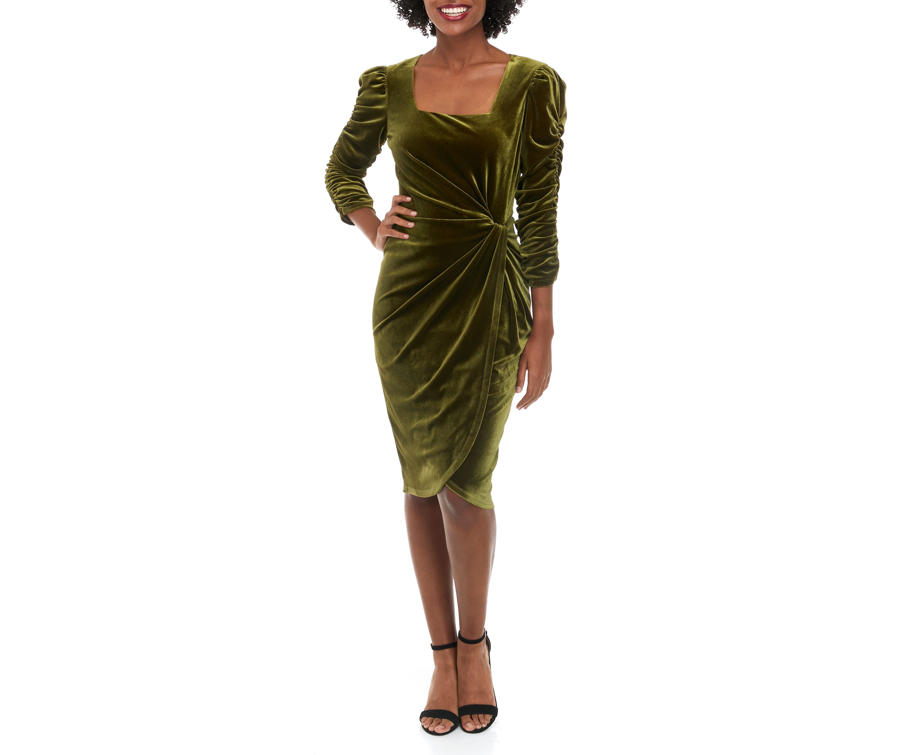 Womens Long Sleeve Square Neck Side Knot Velvet Dress