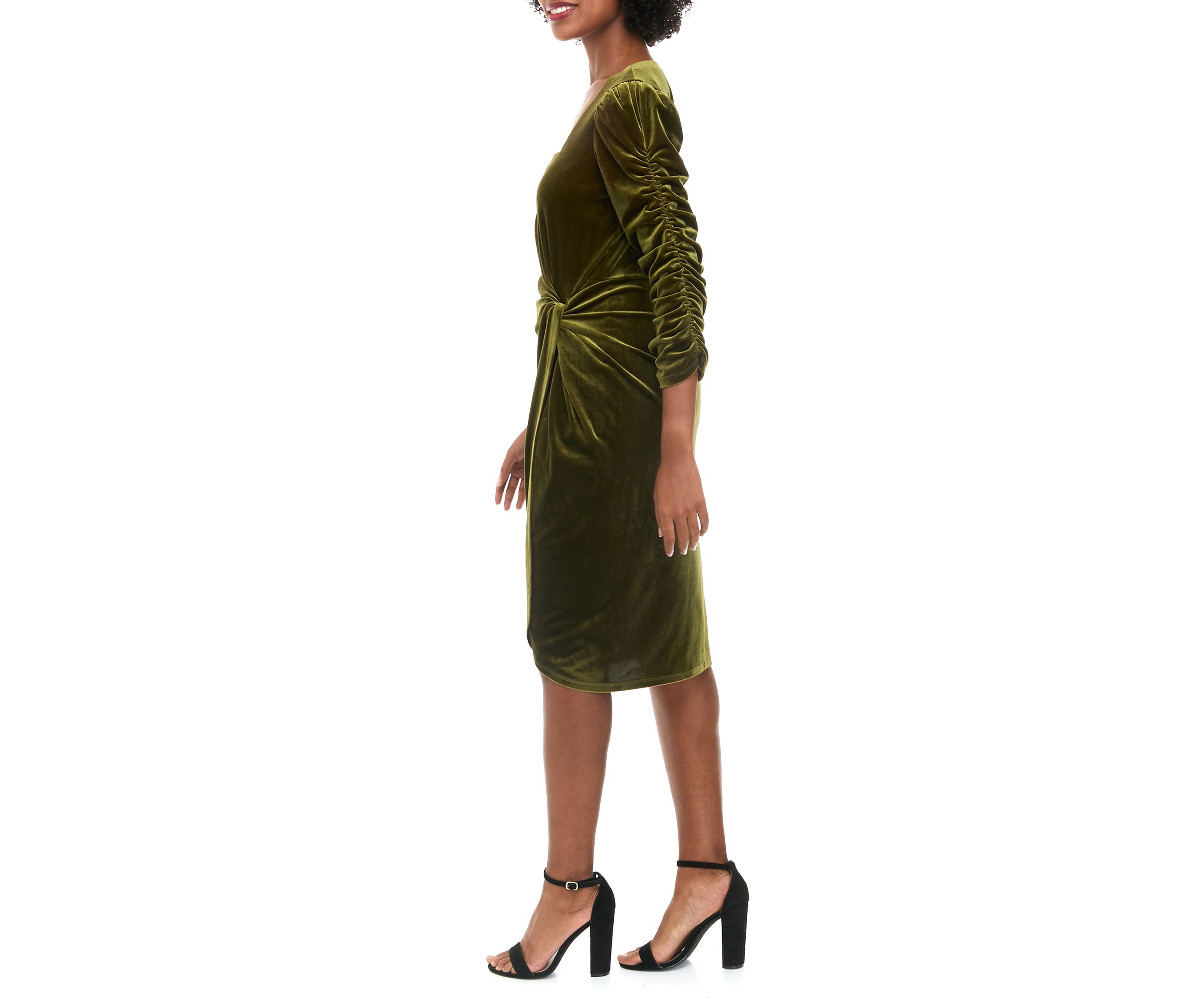 Womens Long Sleeve Square Neck Side Knot Velvet Dress