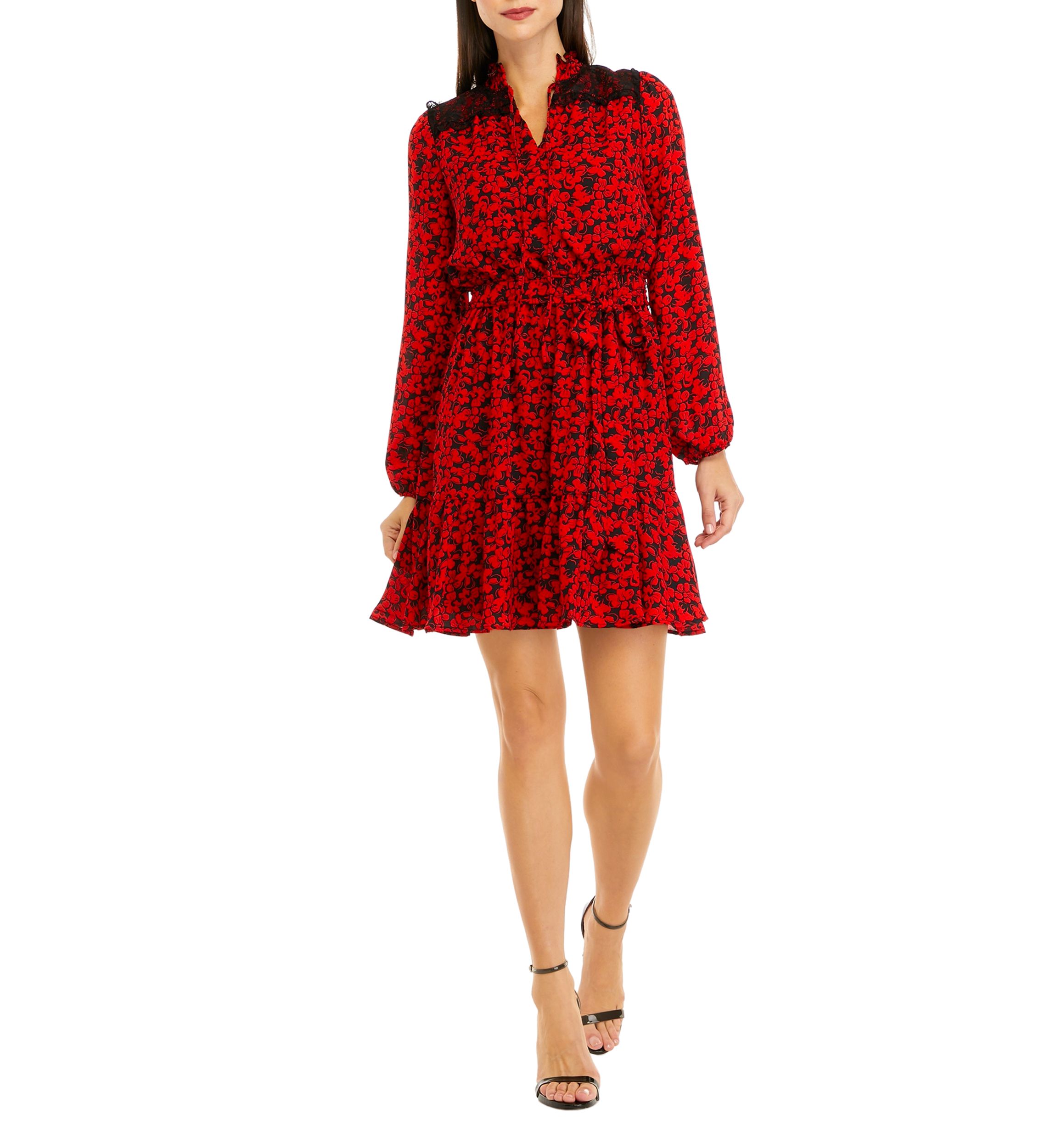 Womens Long Sleeve Tie Neck Floral Tie Waist Dress