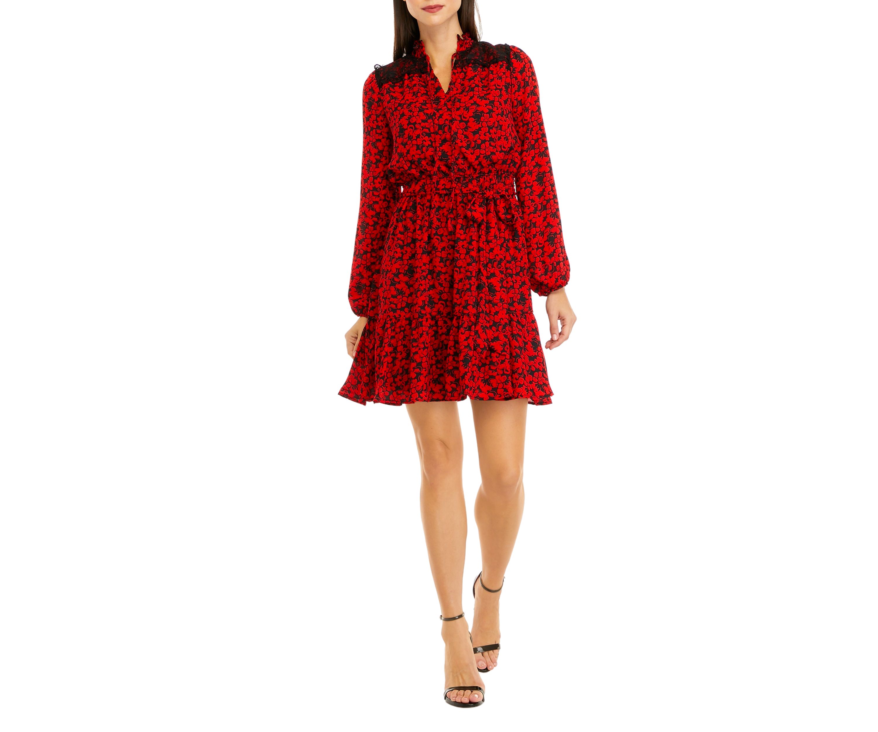 Womens Long Sleeve Tie Neck Floral Tie Waist Dress
