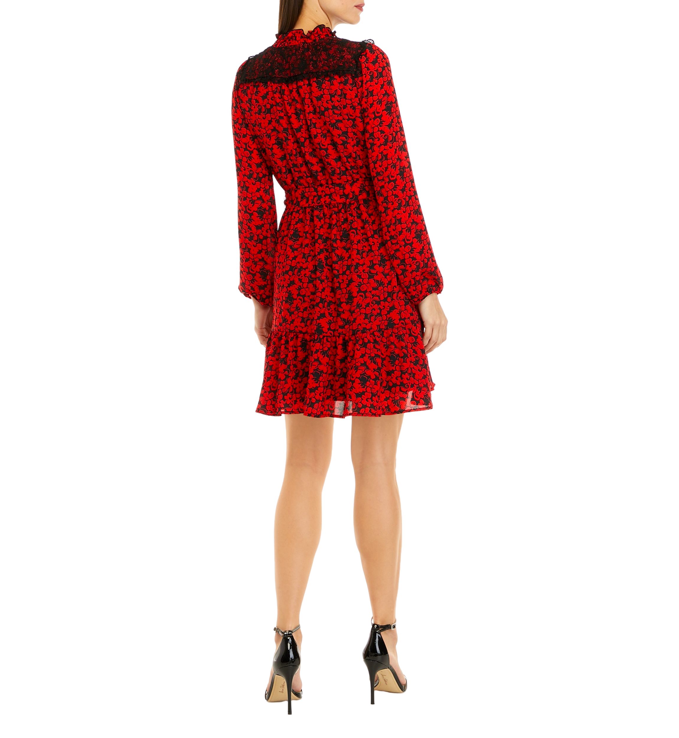 Womens Long Sleeve Tie Neck Floral Tie Waist Dress
