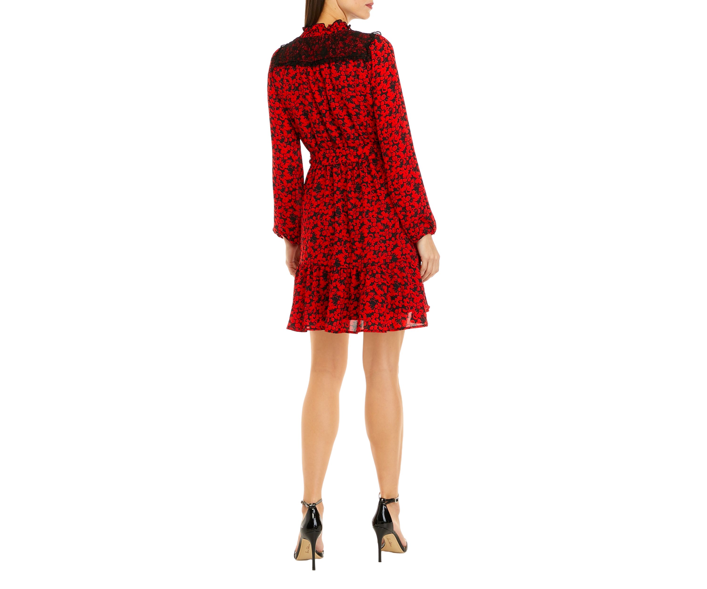 Womens Long Sleeve Tie Neck Floral Tie Waist Dress