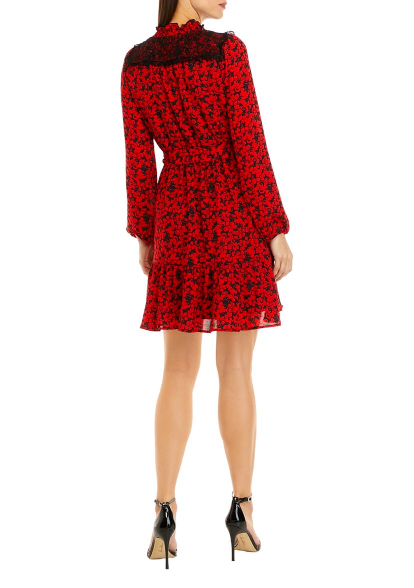 Womens Long Sleeve Tie Neck Floral Tie Waist Dress
