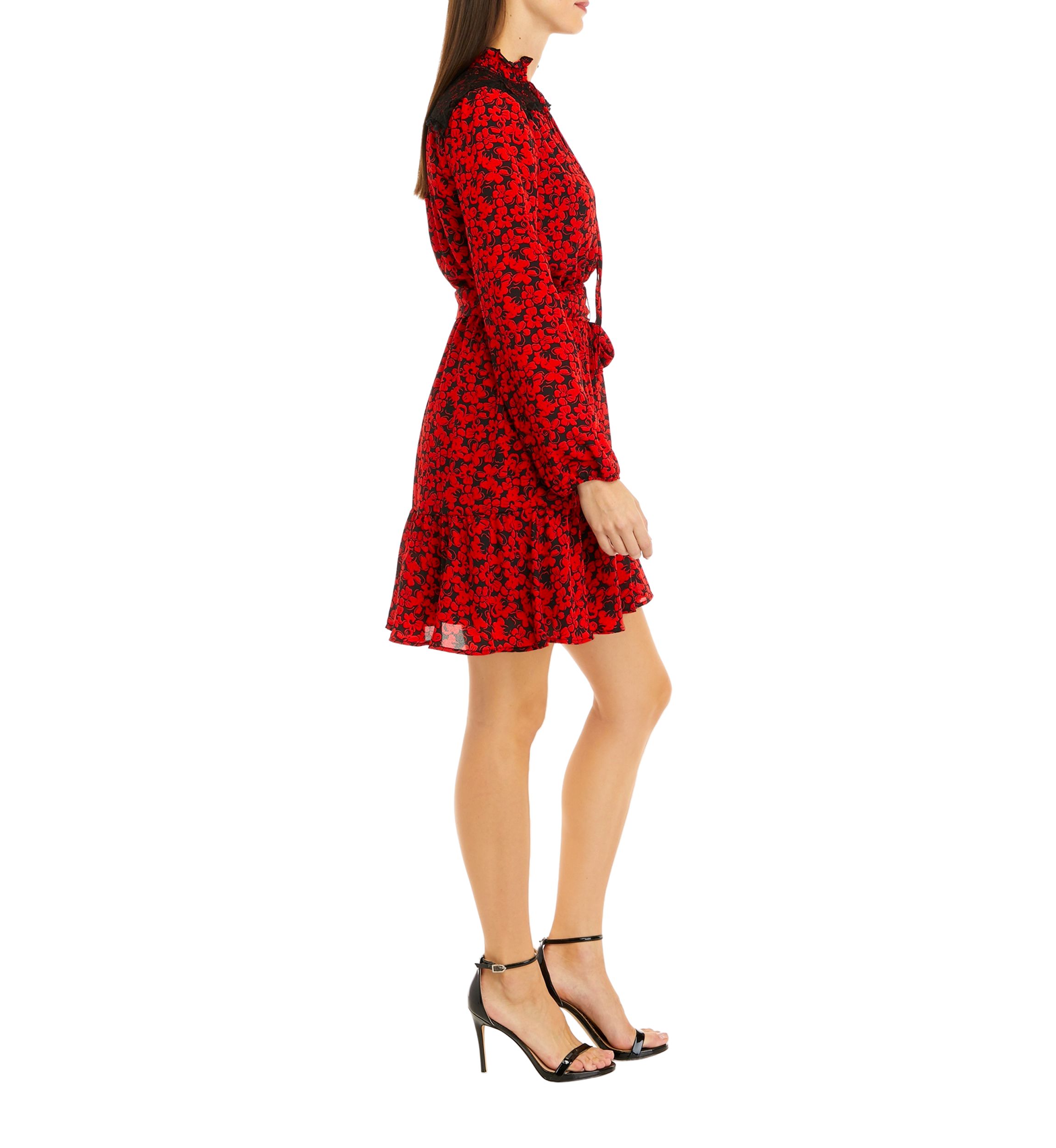 Womens Long Sleeve Tie Neck Floral Tie Waist Dress