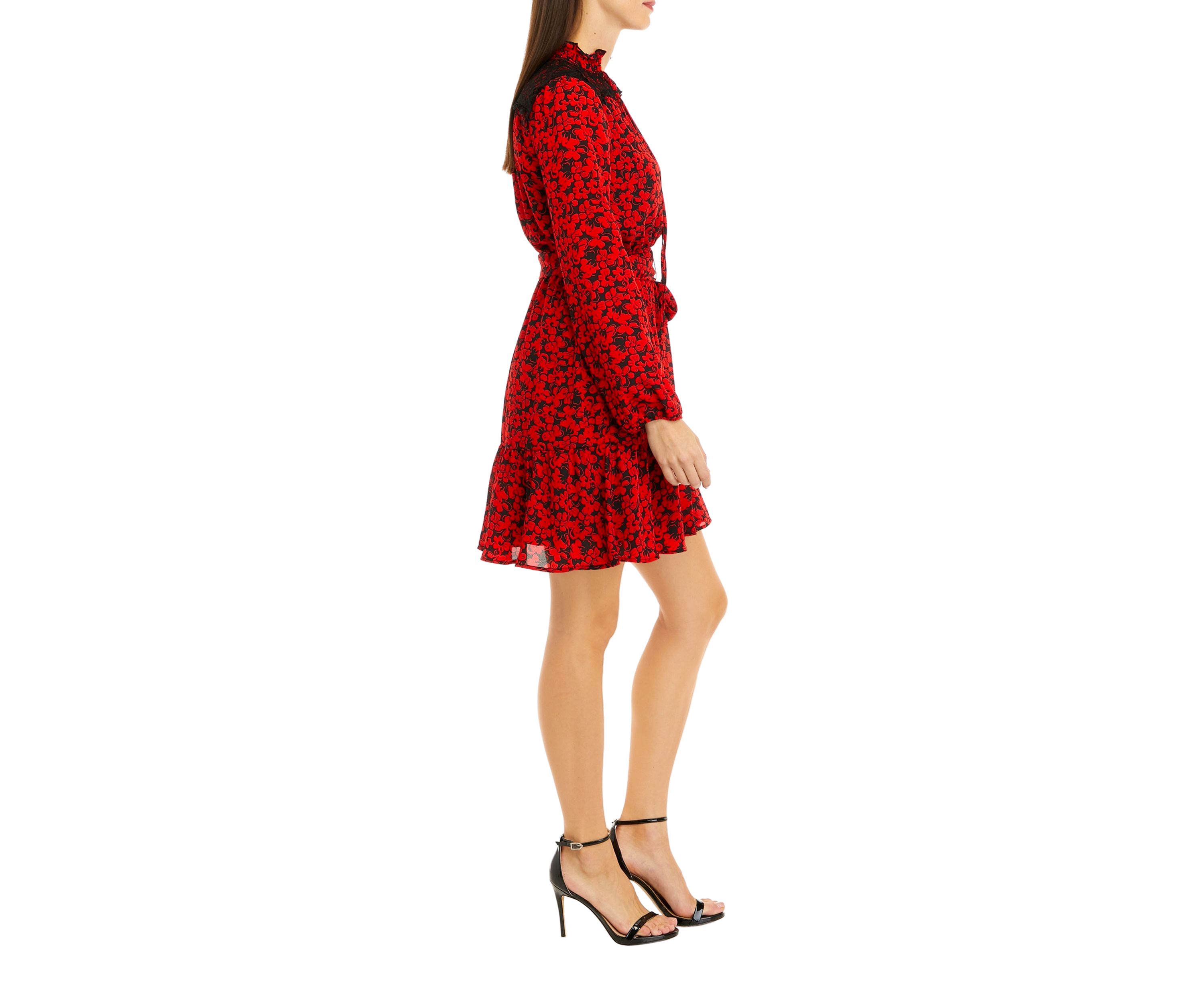 Womens Long Sleeve Tie Neck Floral Tie Waist Dress