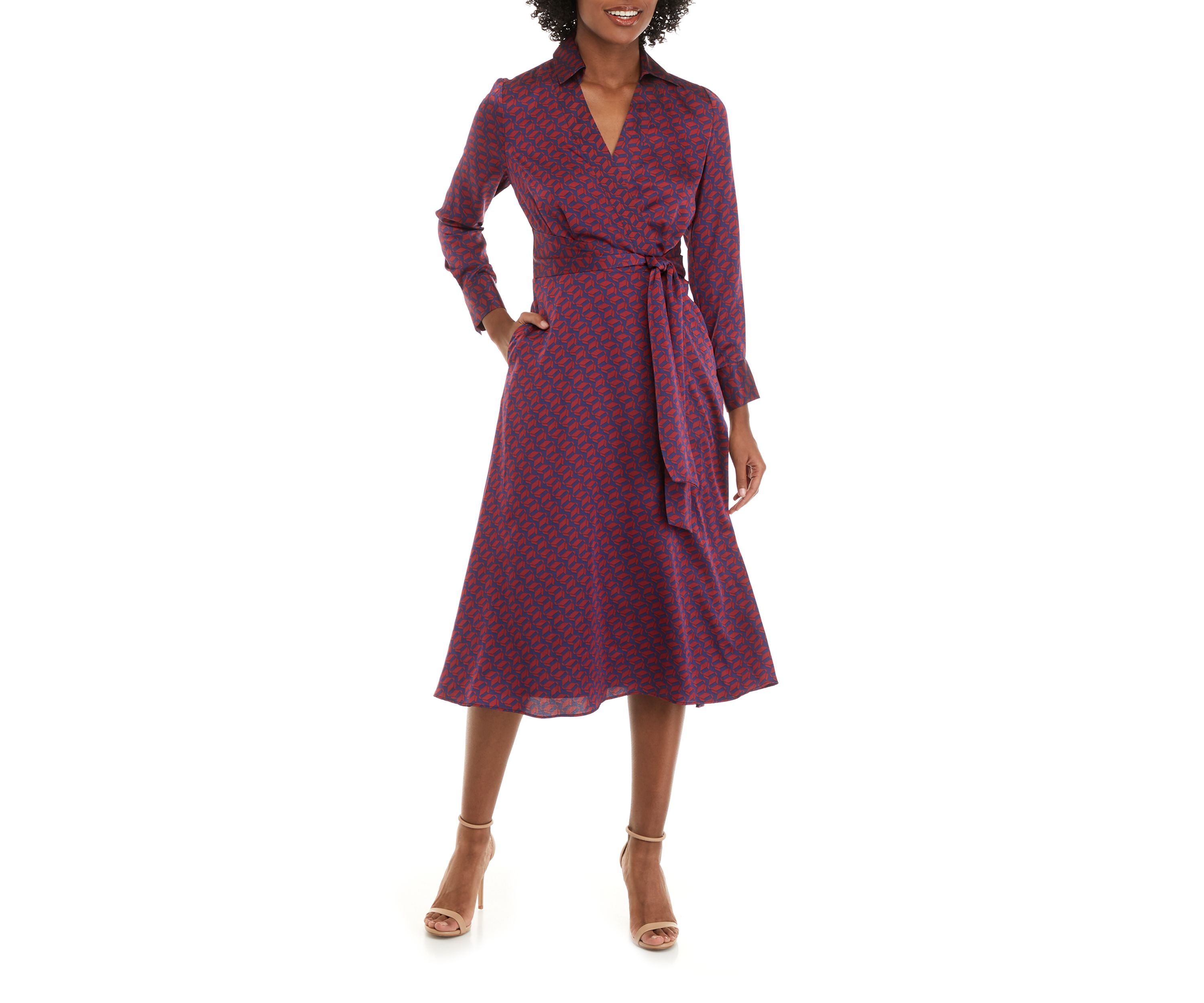 Womens Long Sleeve Surplice Printed Midi Dress