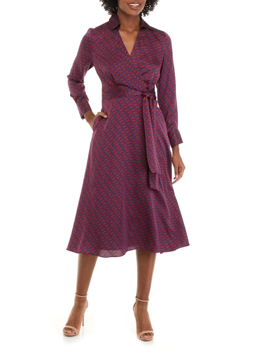 Womens Long Sleeve Surplice Printed Midi Dress