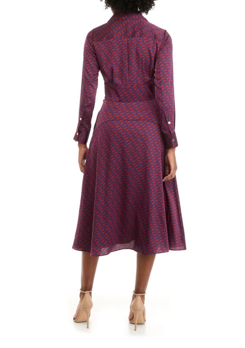 Womens Long Sleeve Surplice Printed Midi Dress