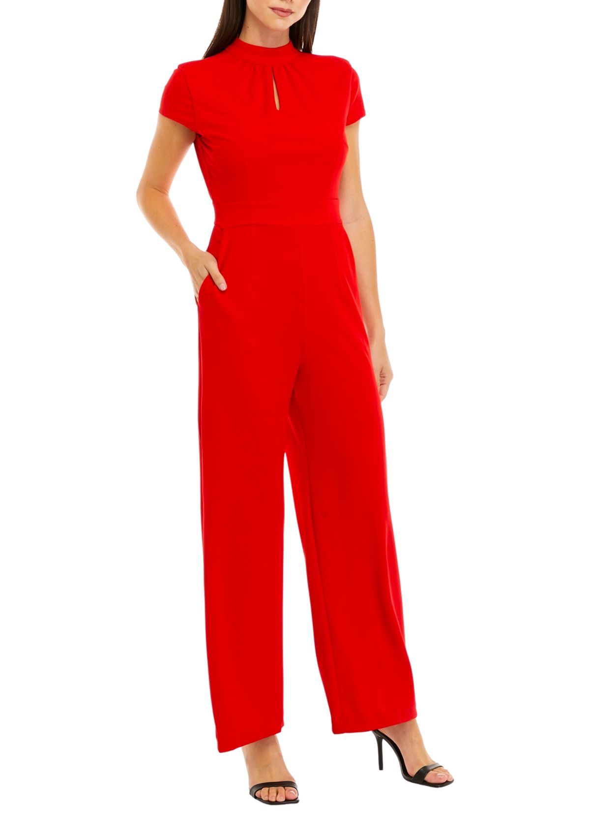 Womens Short Sleeve Mock Neck Fitted Waist Jumpsuit