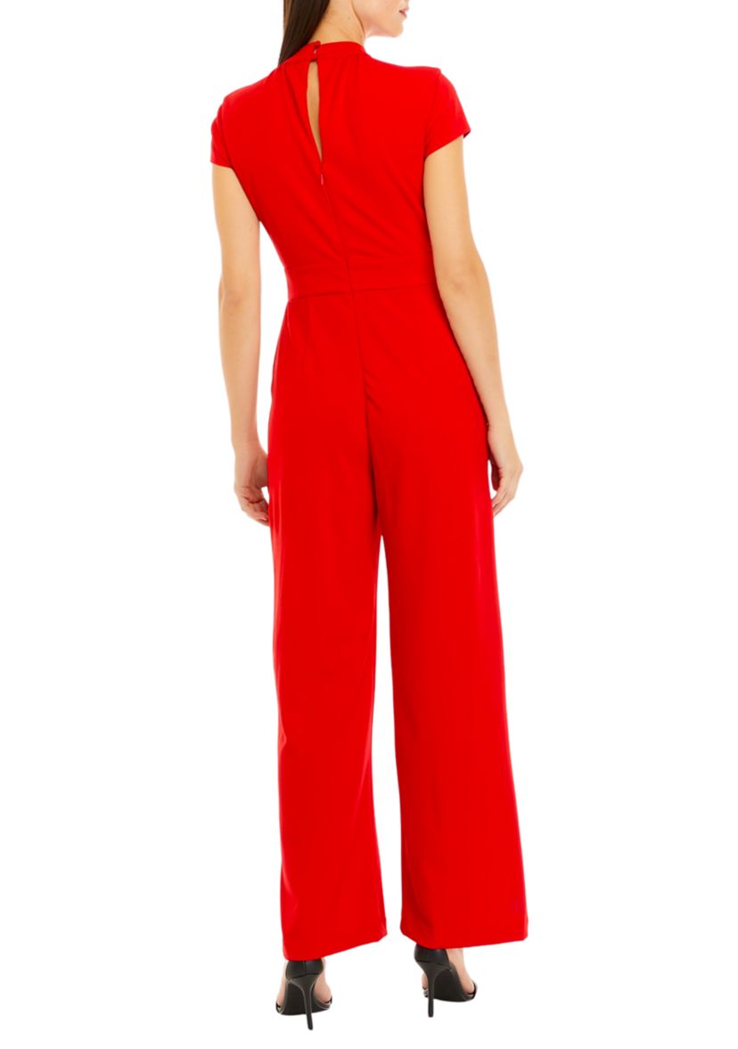 Womens Short Sleeve Mock Neck Fitted Waist Jumpsuit