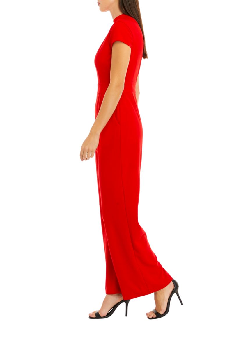 Womens Short Sleeve Mock Neck Fitted Waist Jumpsuit