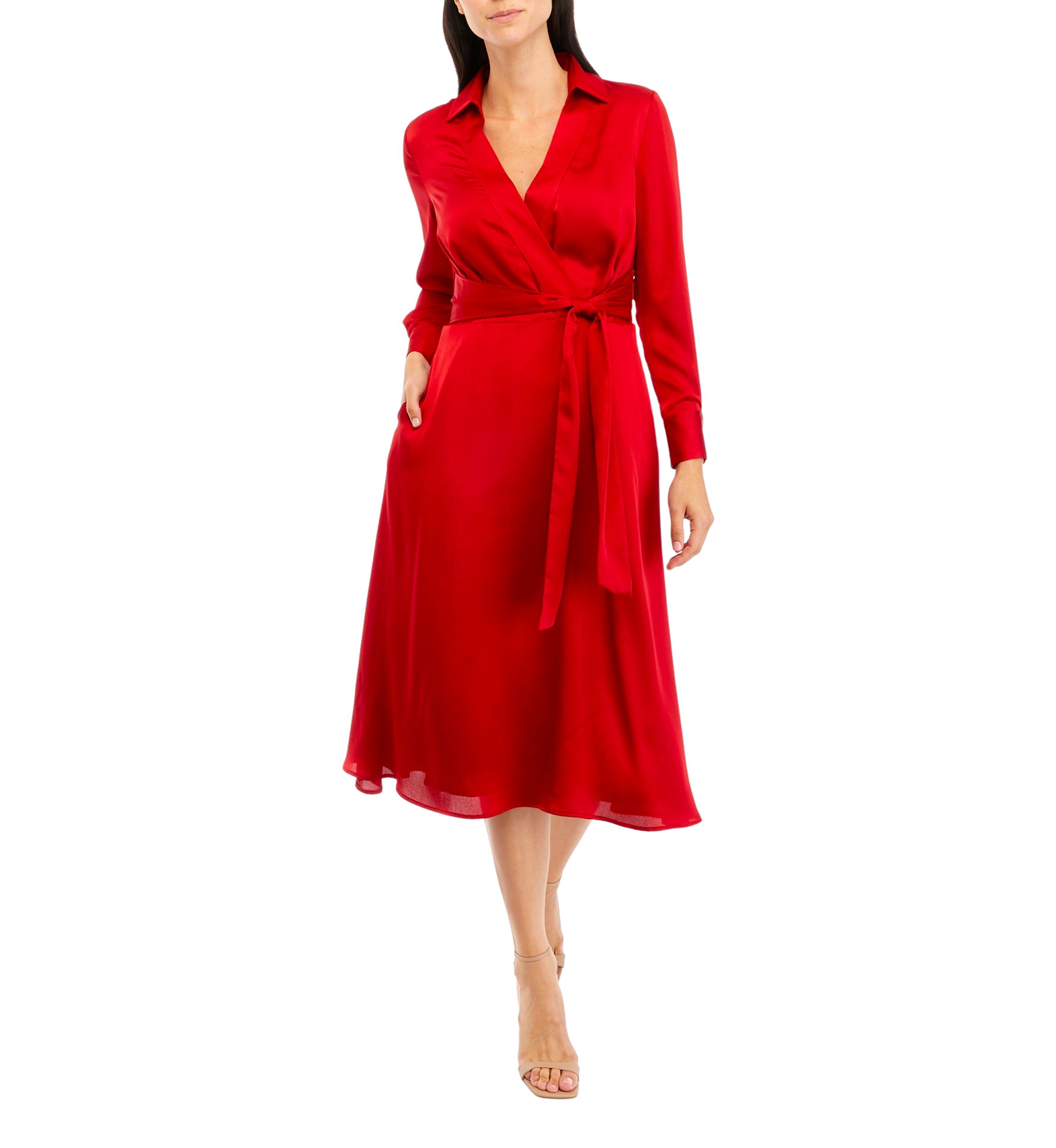 Womens Long Sleeve Tie Waist Satin Fit and Flare Dress