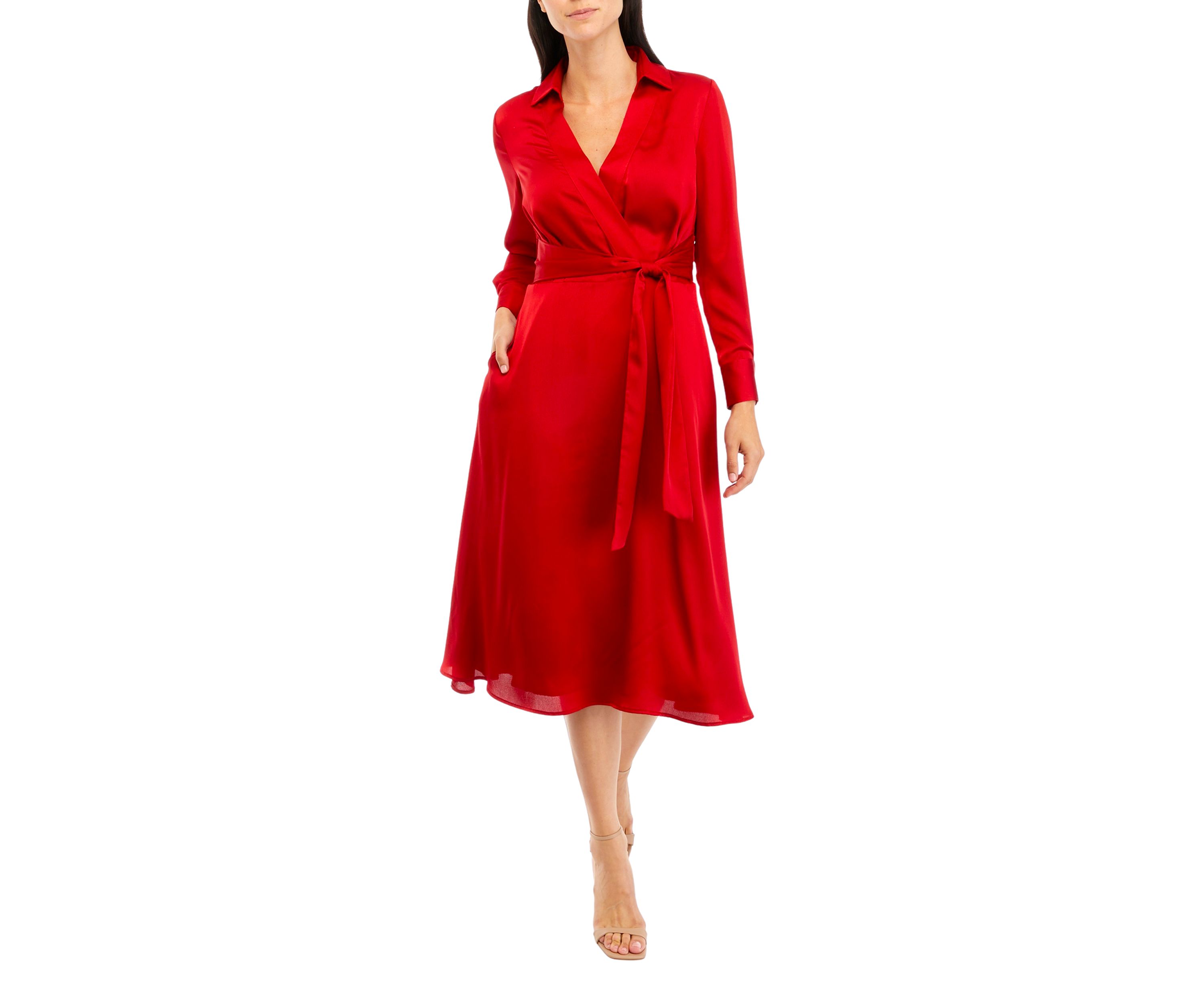 Womens Long Sleeve Tie Waist Satin Fit and Flare Dress