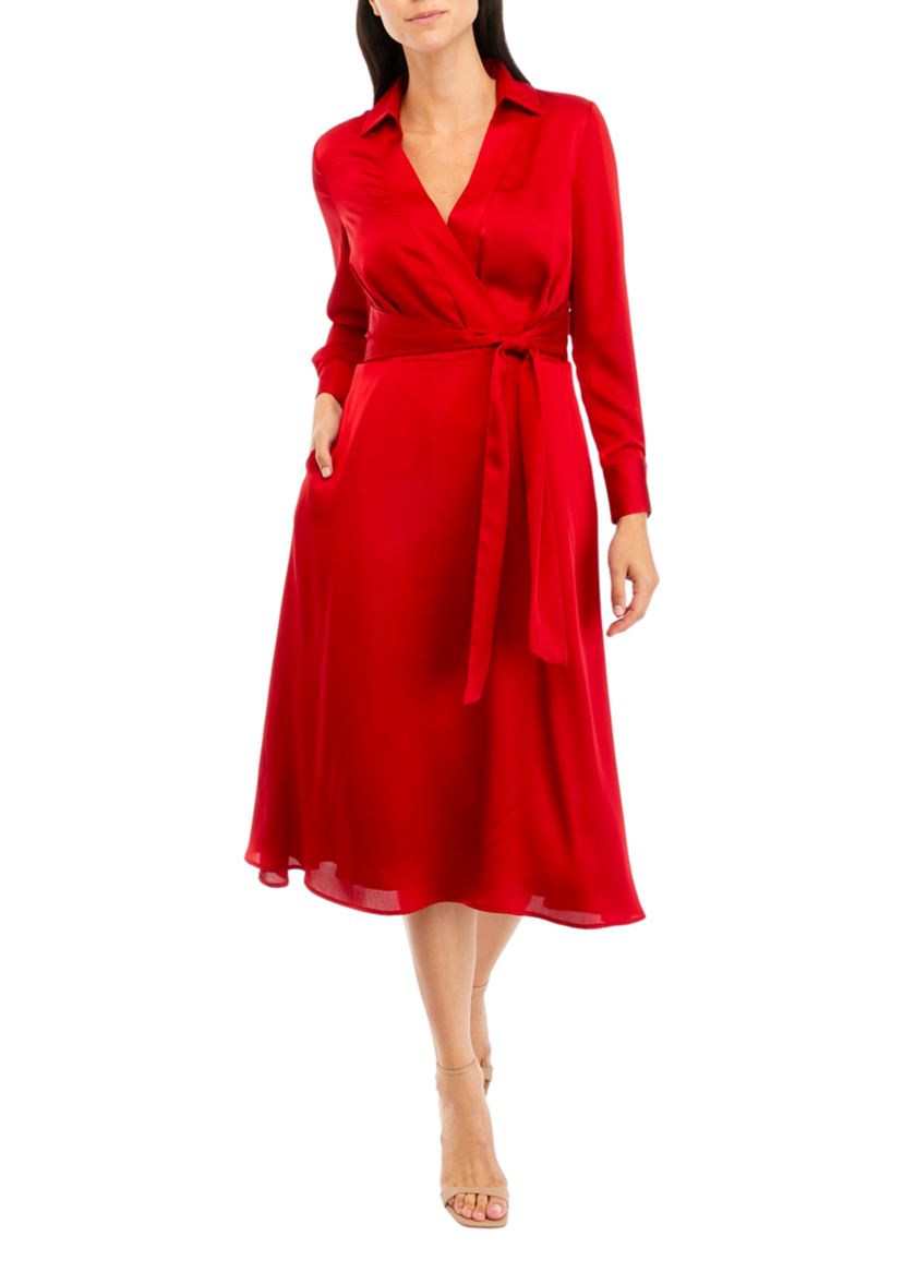 Womens Long Sleeve Tie Waist Satin Fit and Flare Dress