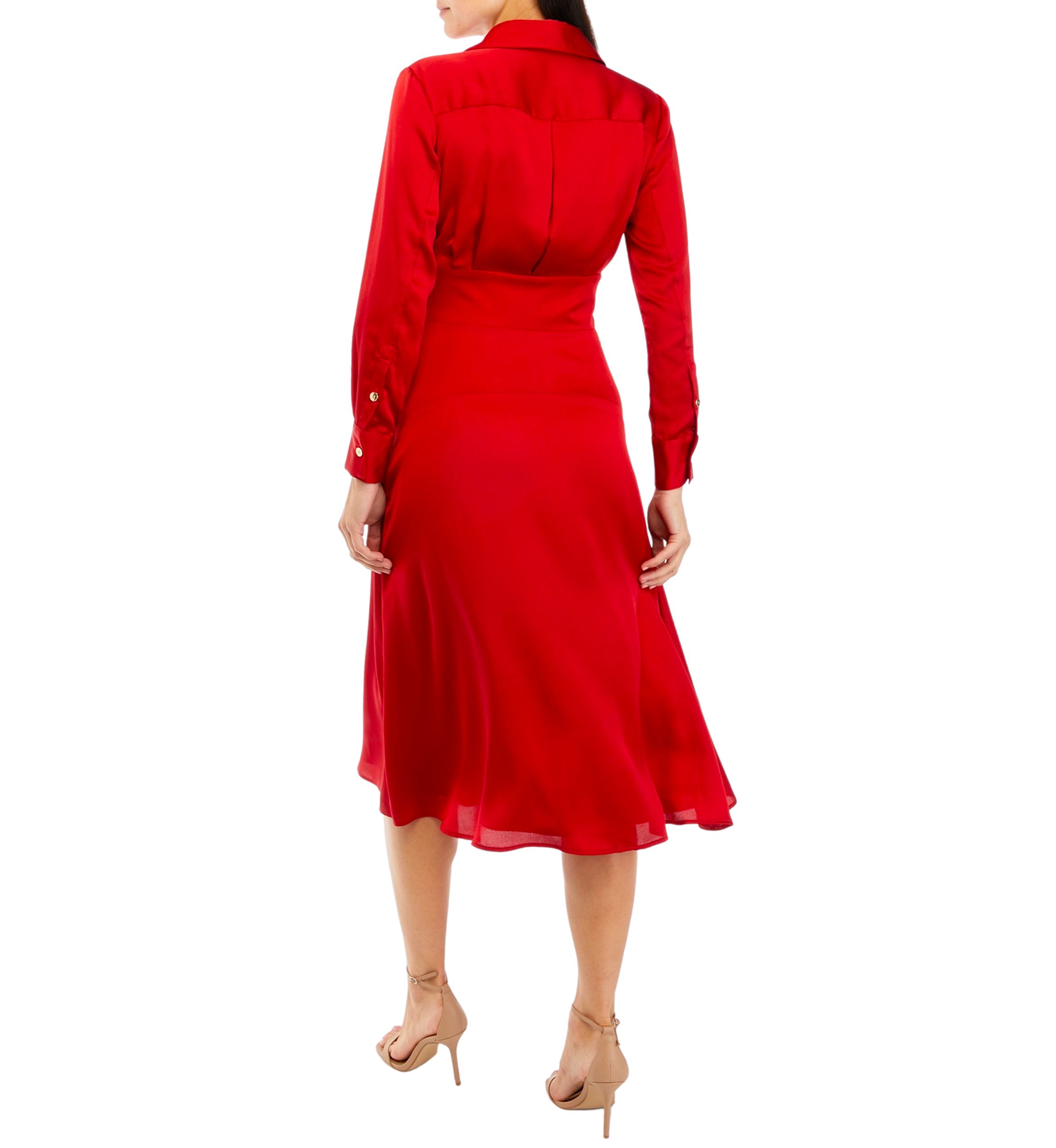 Womens Long Sleeve Tie Waist Satin Fit and Flare Dress