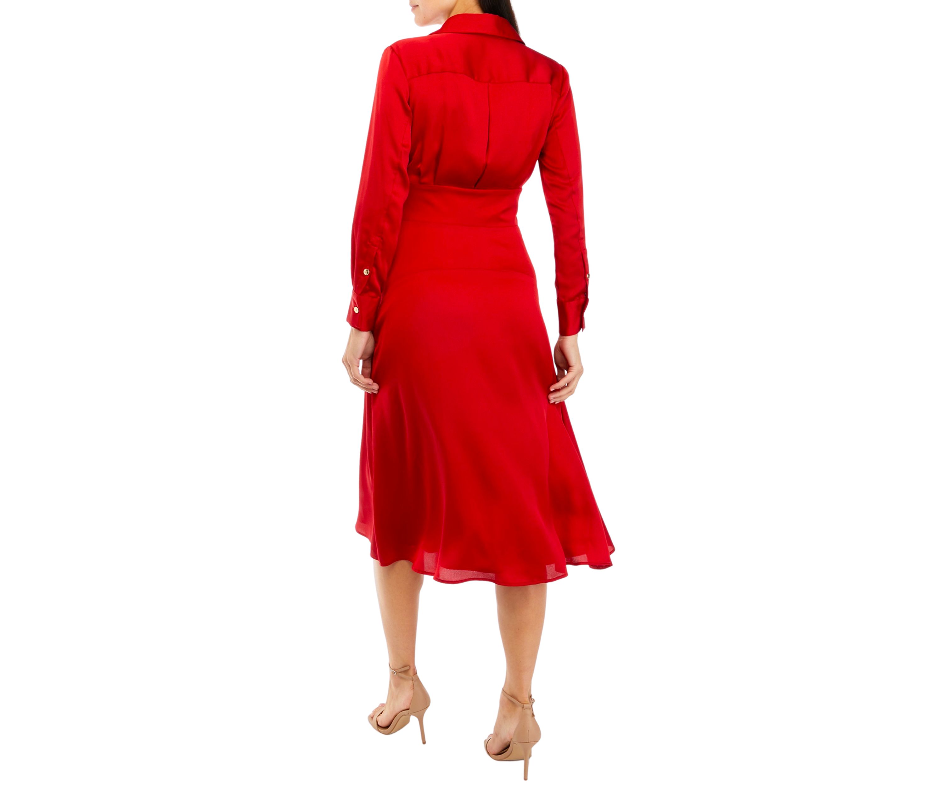 Womens Long Sleeve Tie Waist Satin Fit and Flare Dress