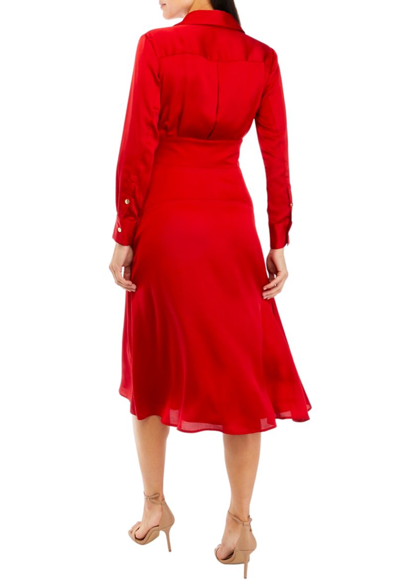 Womens Long Sleeve Tie Waist Satin Fit and Flare Dress
