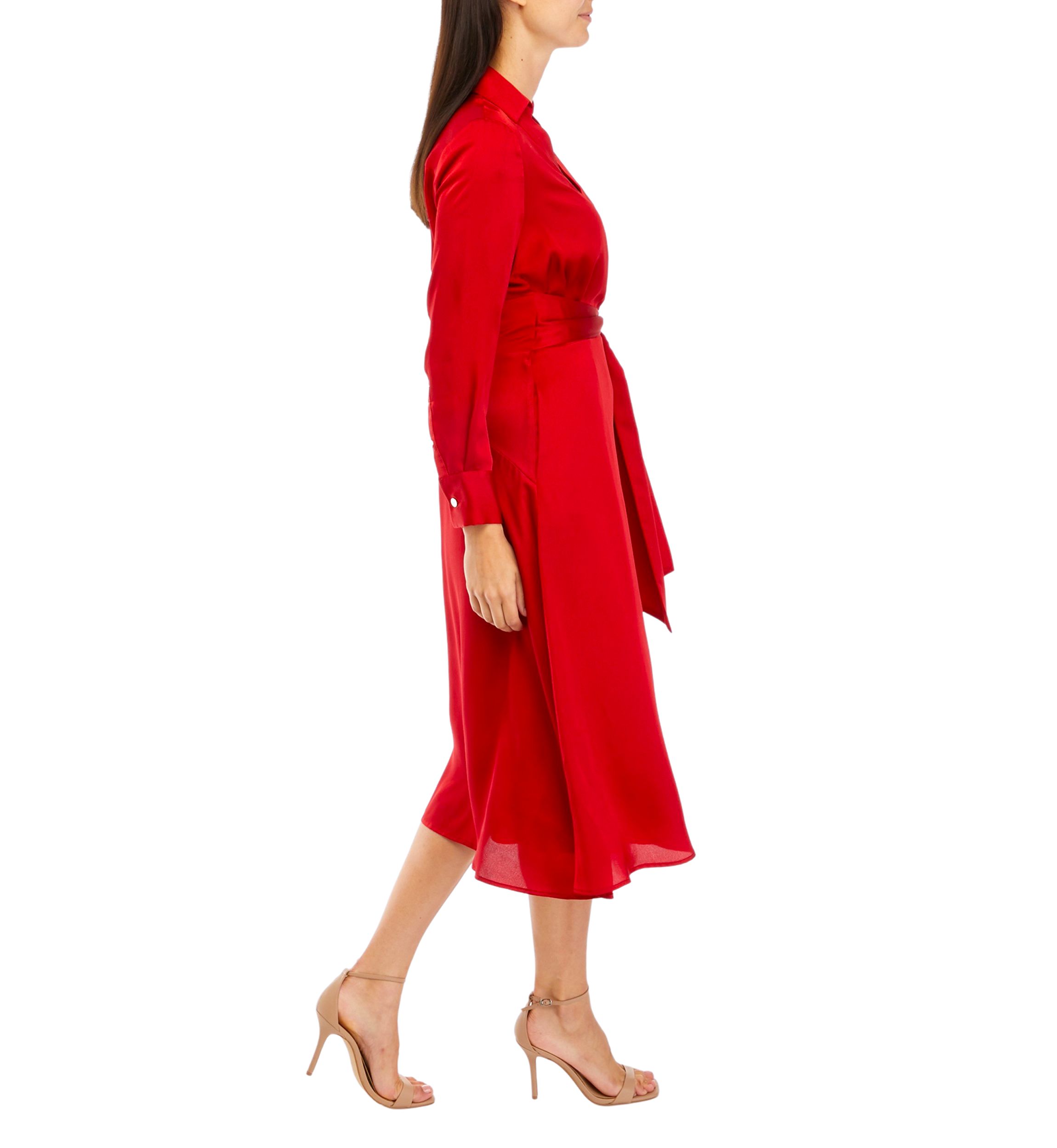 Womens Long Sleeve Tie Waist Satin Fit and Flare Dress