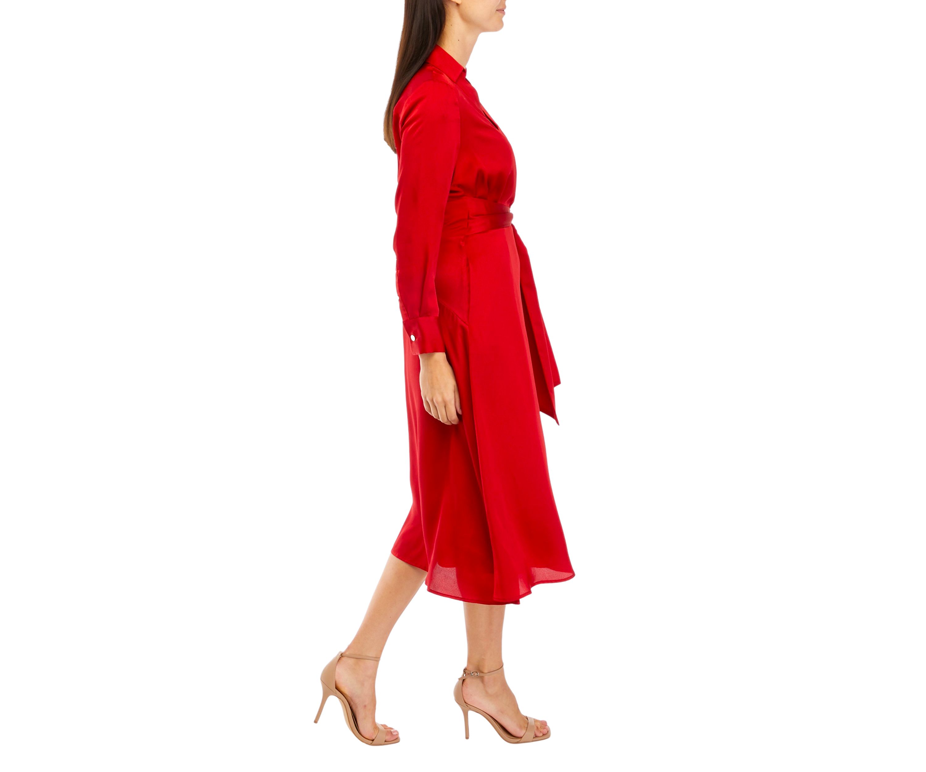 Womens Long Sleeve Tie Waist Satin Fit and Flare Dress