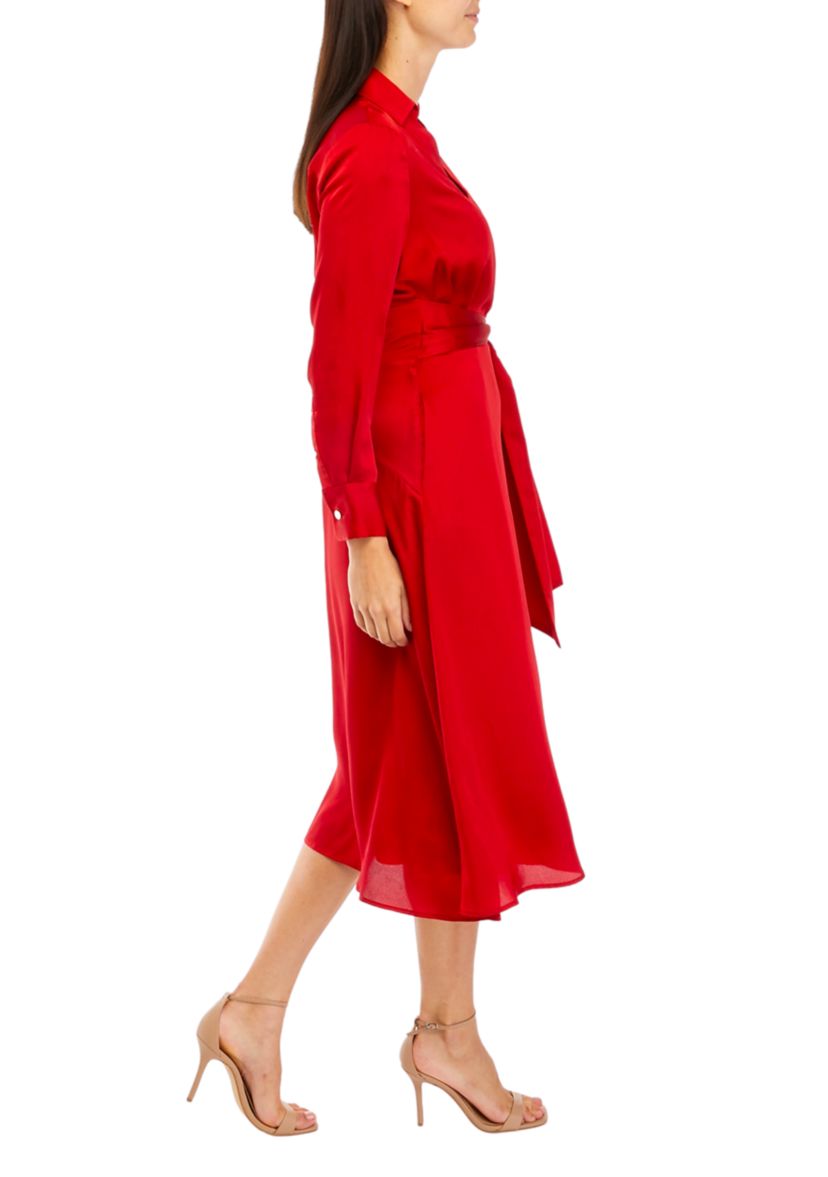 Womens Long Sleeve Tie Waist Satin Fit and Flare Dress