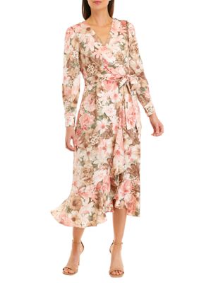 Tahari Women's Long Sleeve V-Neck Floral Wrap Fit And Flare Midi Dress