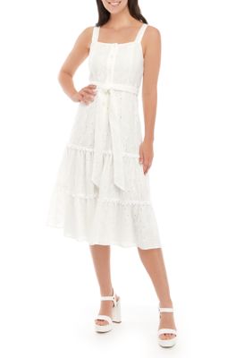 Tahari Women's Sleeveless Square Neck Button Down Tie Waist Fit and Flare Midi Dress, Ivory, 14