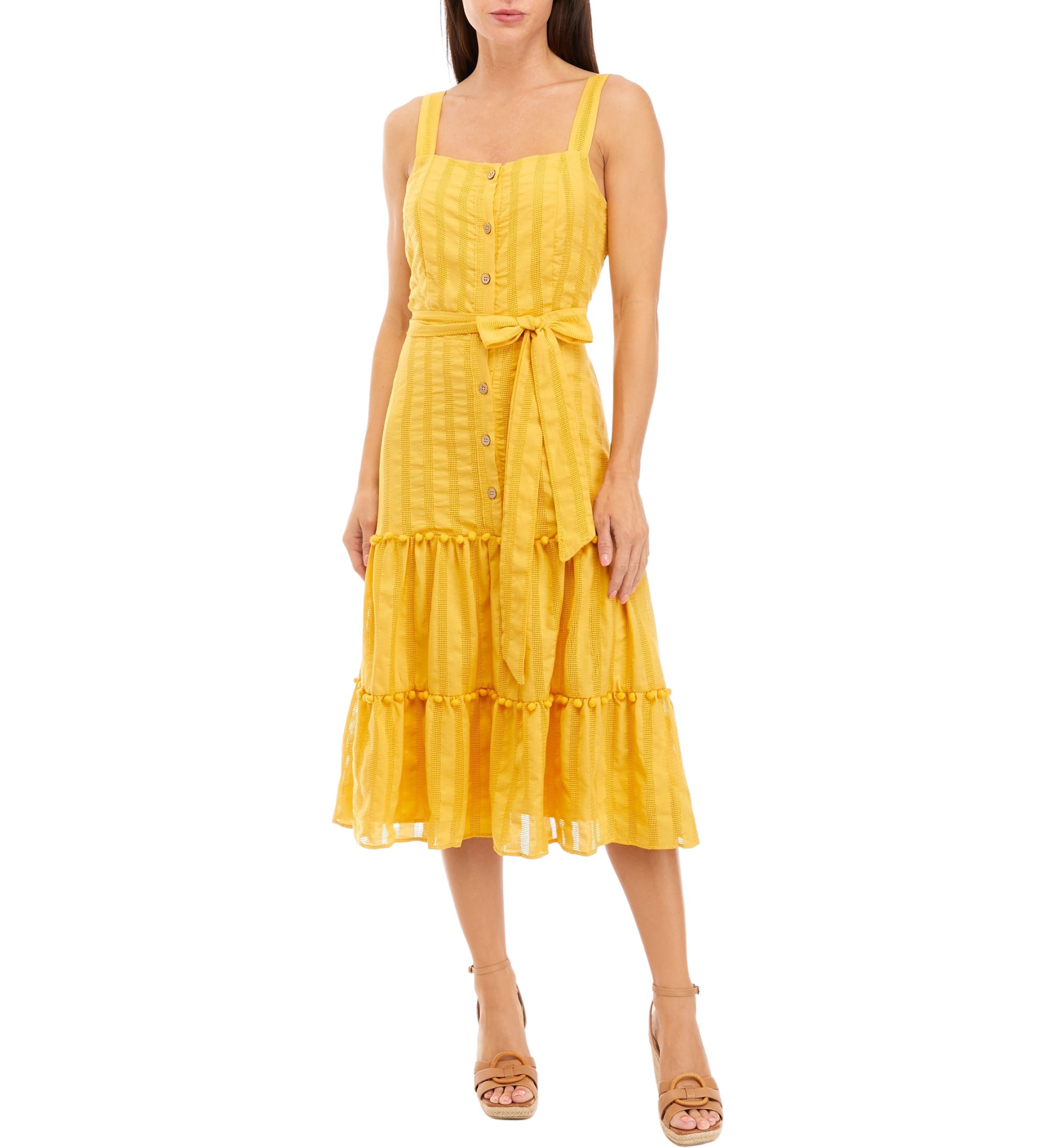 Womens Sleeveless Square Neck Button Down Tie Waist Fit and Flare Midi Dress