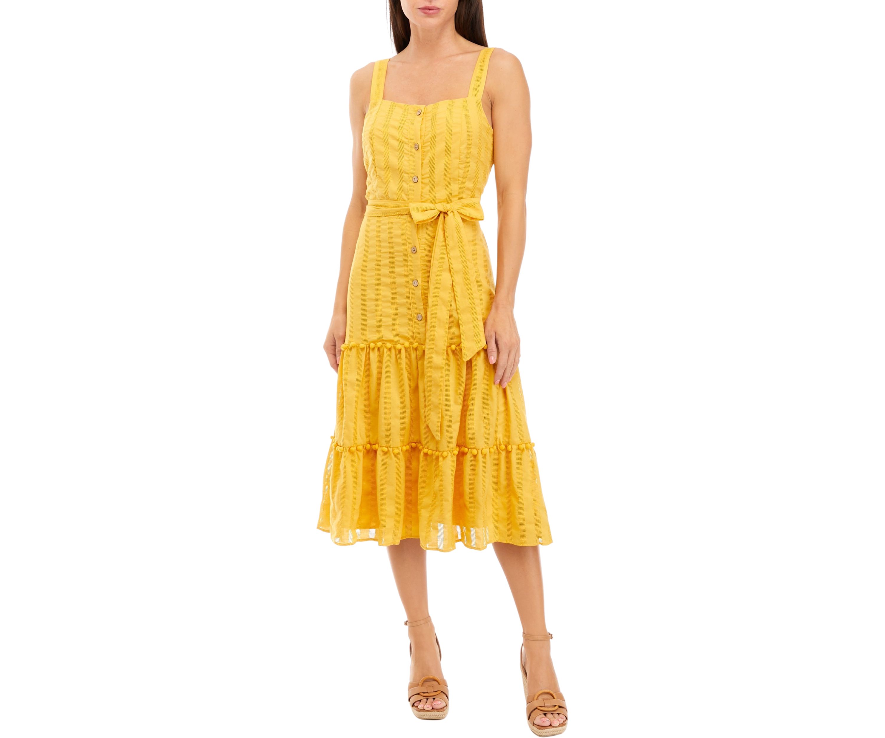 Womens Sleeveless Square Neck Button Down Tie Waist Fit and Flare Midi Dress