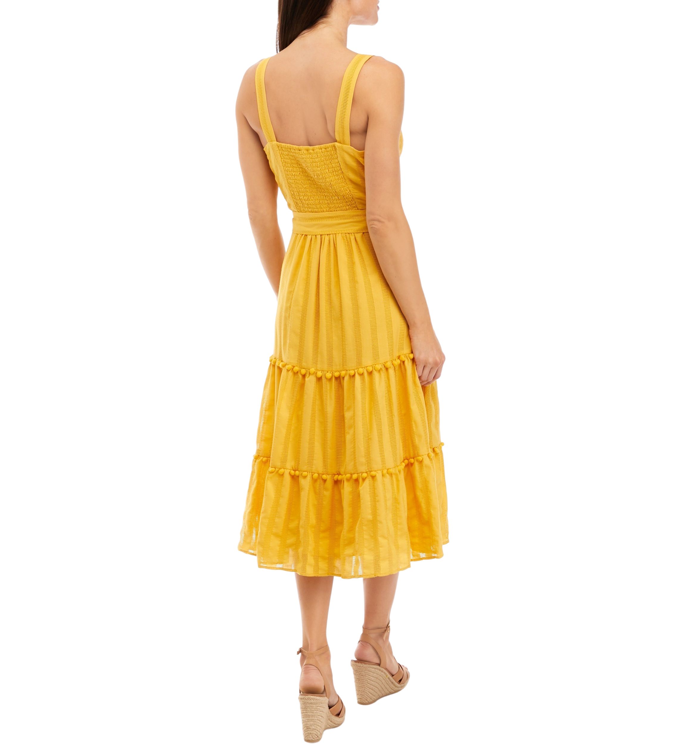 Womens Sleeveless Square Neck Button Down Tie Waist Fit and Flare Midi Dress