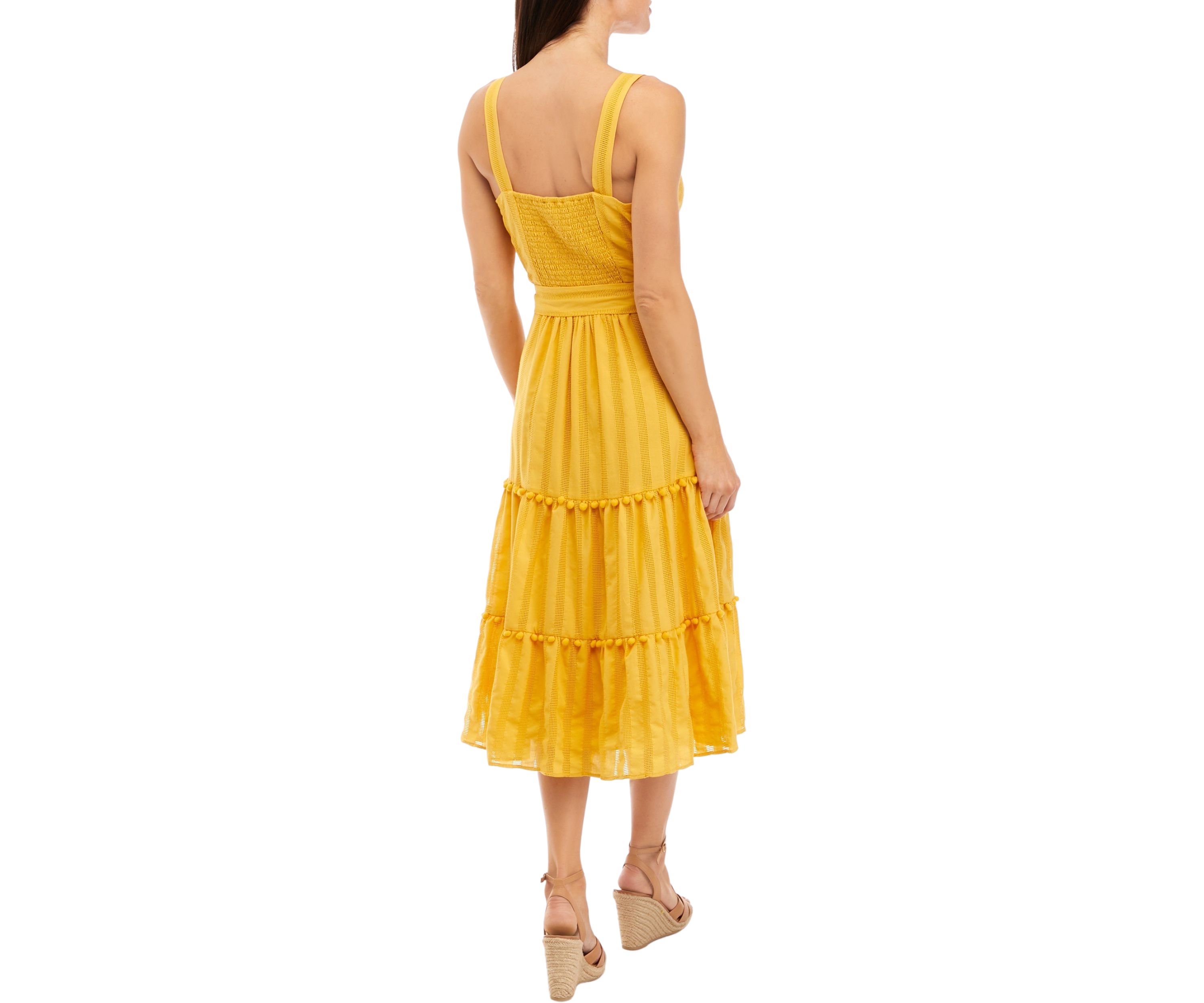 Womens Sleeveless Square Neck Button Down Tie Waist Fit and Flare Midi Dress