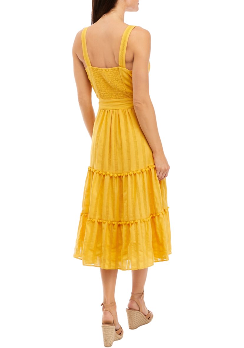 Womens Sleeveless Square Neck Button Down Tie Waist Fit and Flare Midi Dress