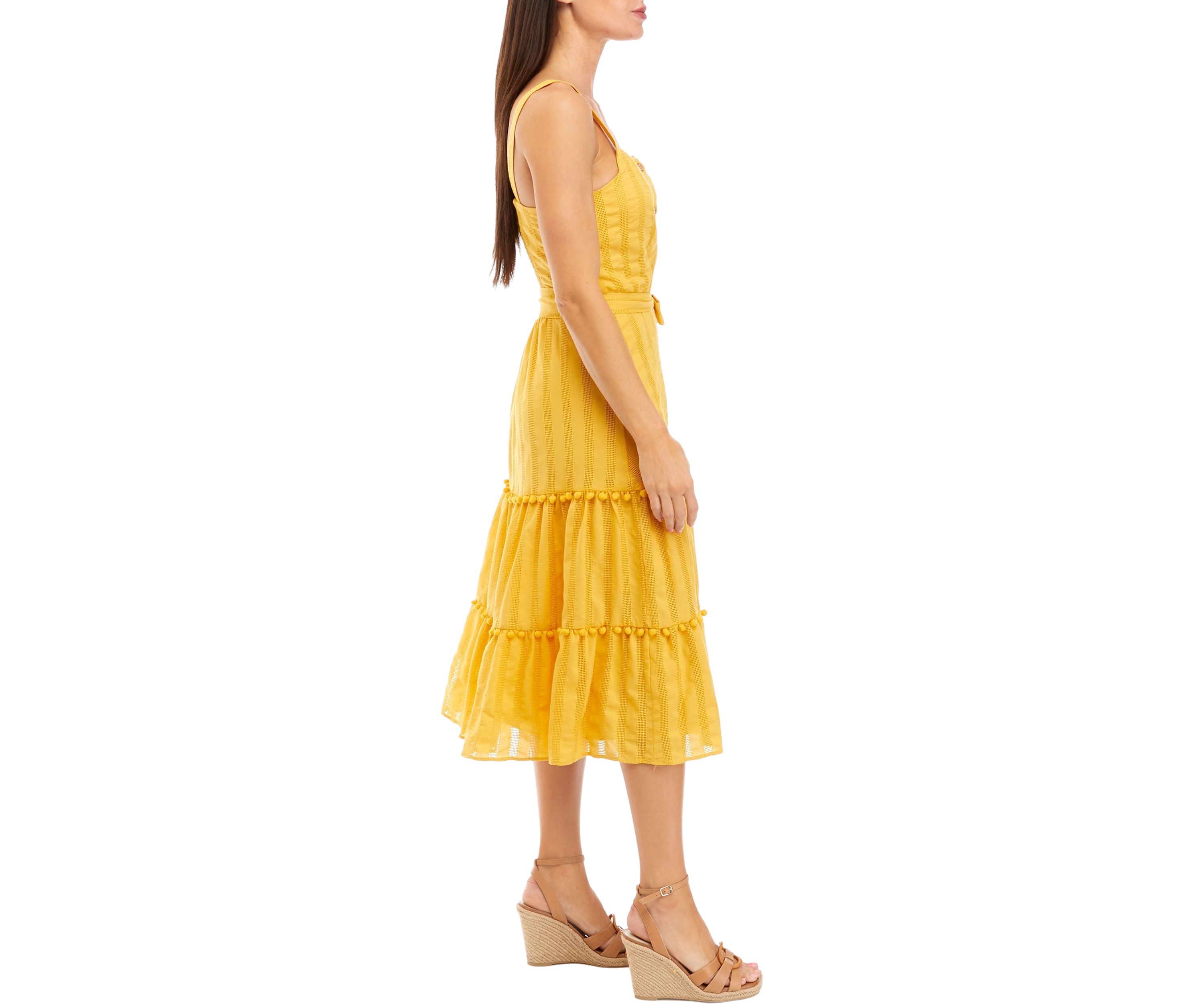 Womens Sleeveless Square Neck Button Down Tie Waist Fit and Flare Midi Dress